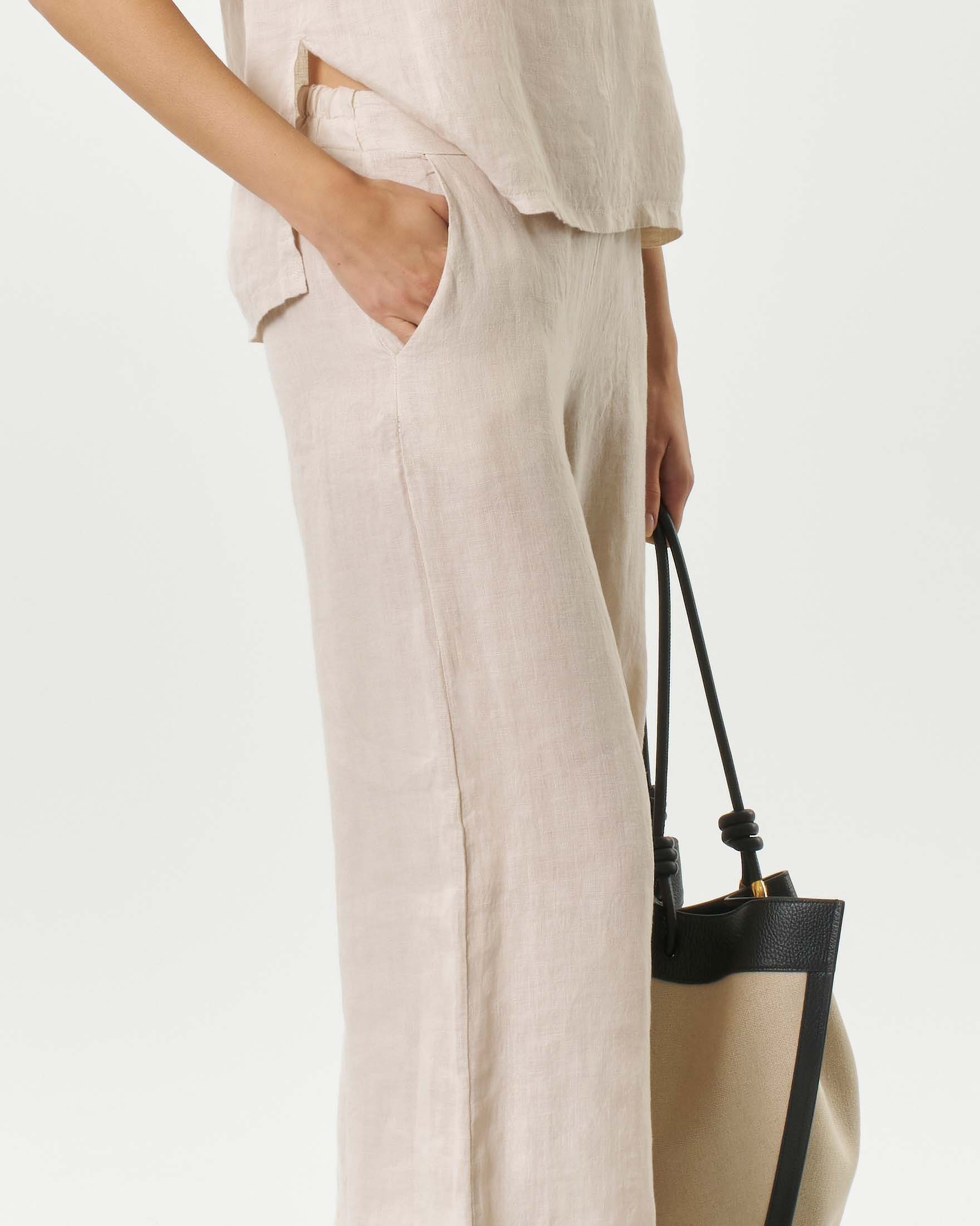 Pantaloni palazzo Hlo! beige in puro lino con vita elasticizzata e tasche laterali image