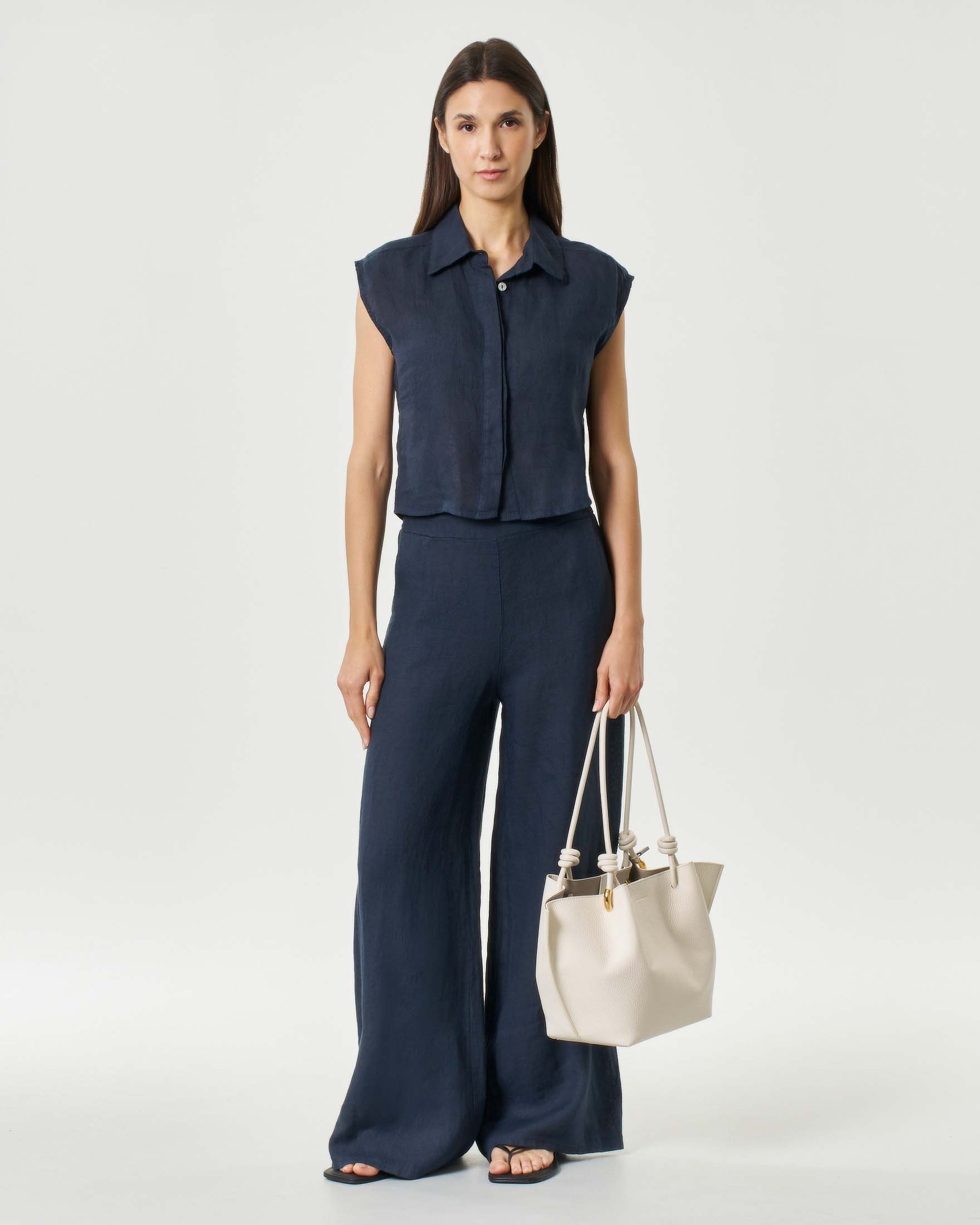 Pantaloni palazzo blu in puro lino con vita elasticizzata e tasche laterali