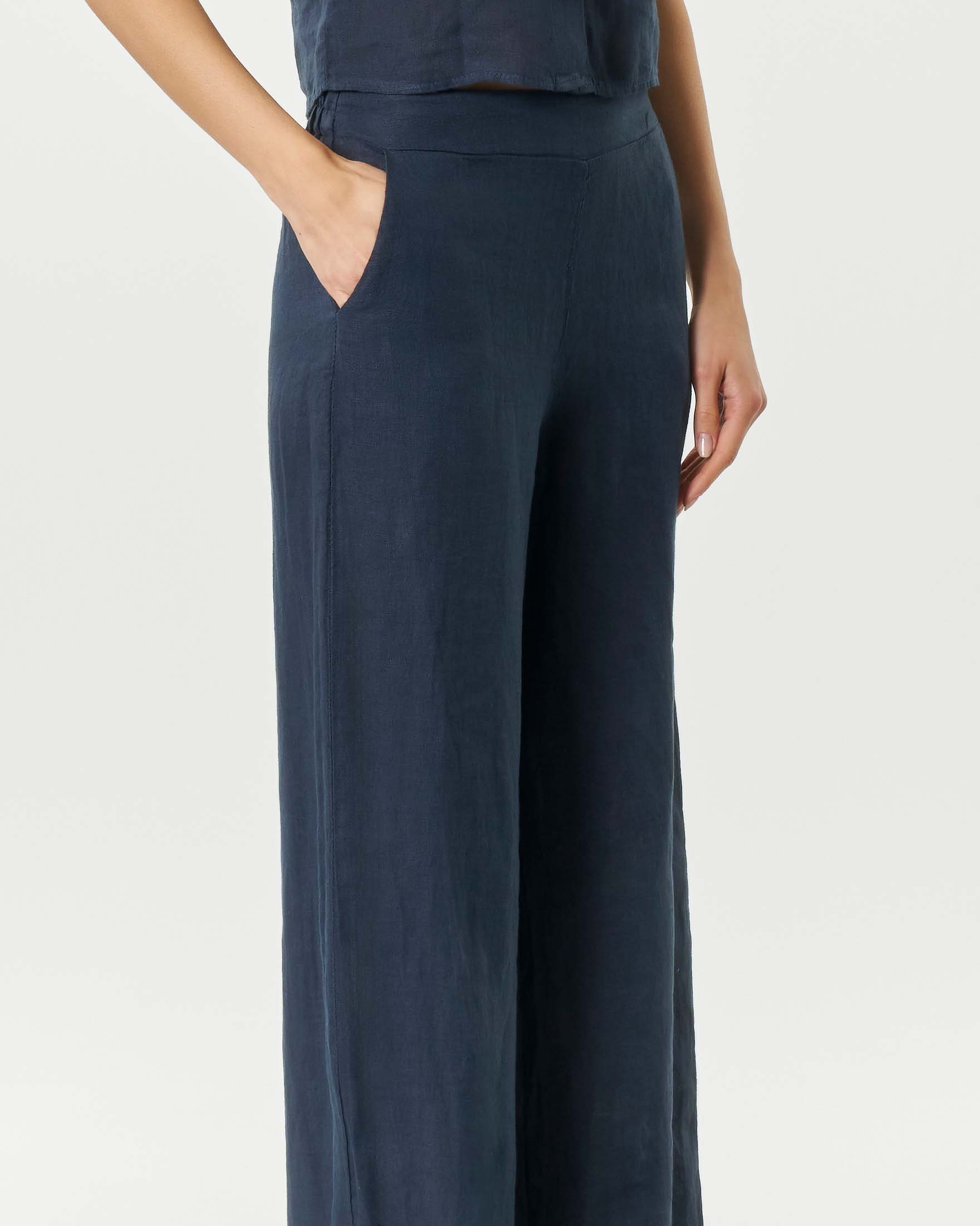 Pantaloni palazzo Hlo! blu in puro lino con vita elasticizzata e tasche laterali image