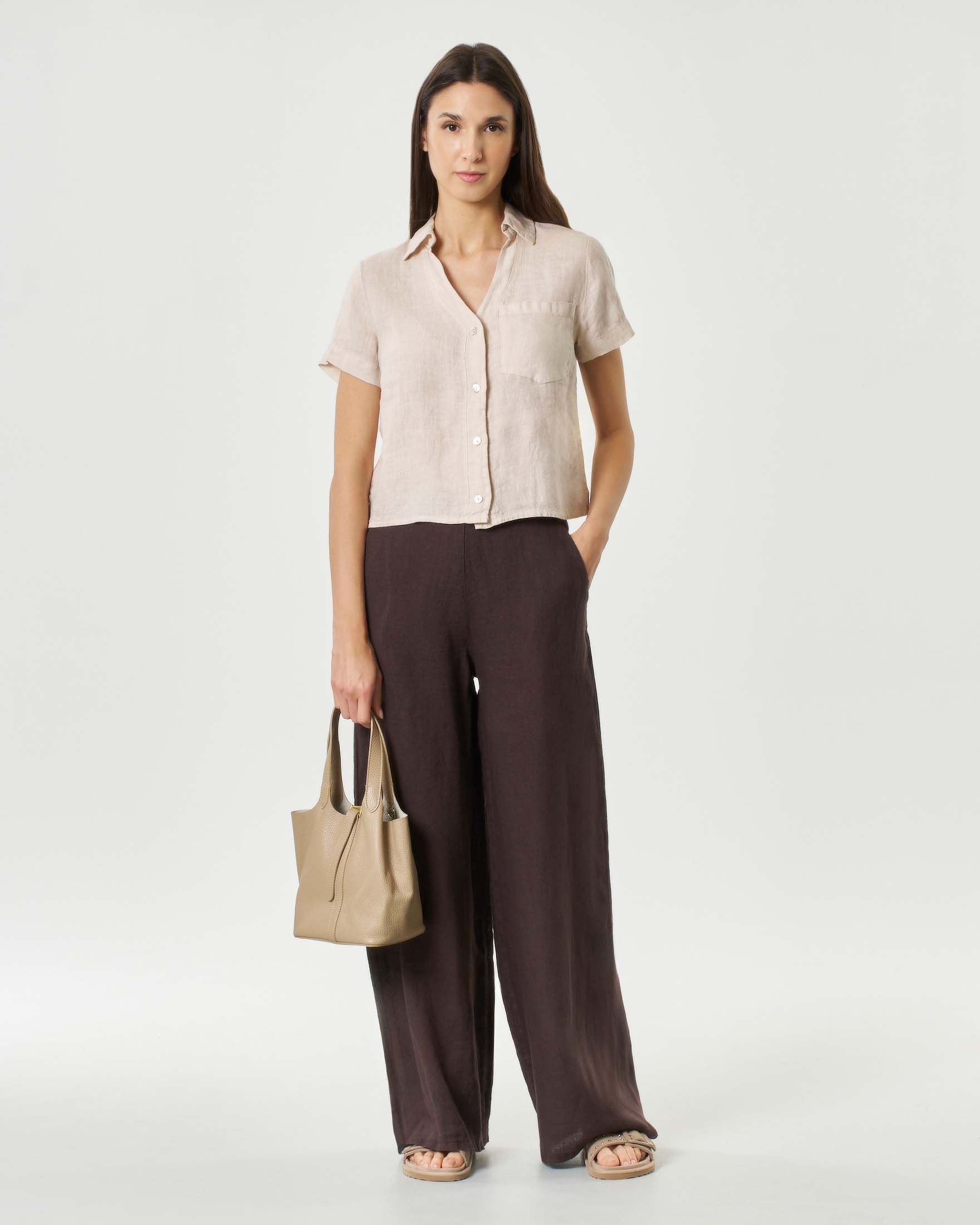 Pantaloni palazzo marroni in puro lino con vita elasticizzata e tasche laterali