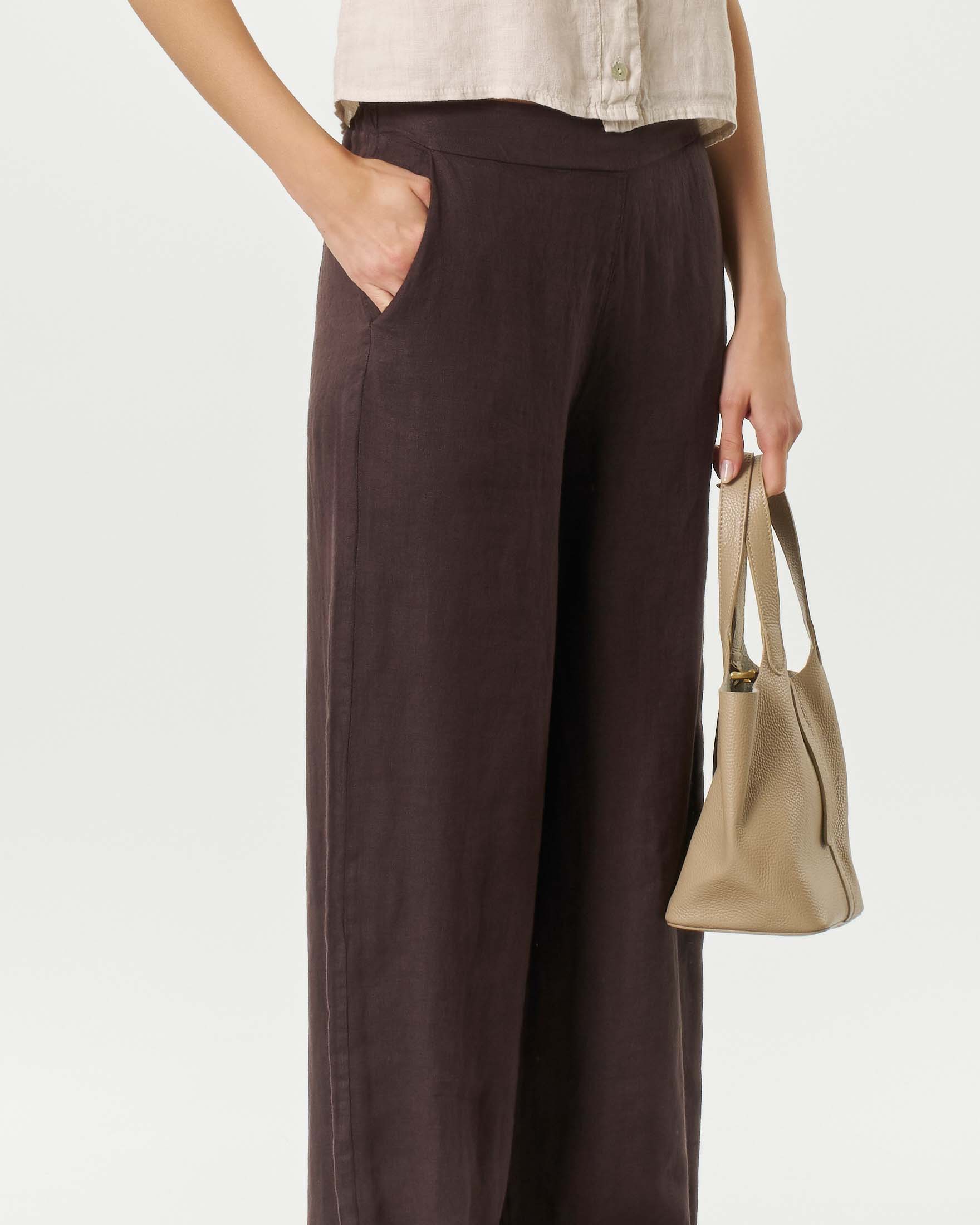 Pantaloni palazzo Hlo! marroni in puro lino con vita elasticizzata e tasche laterali image