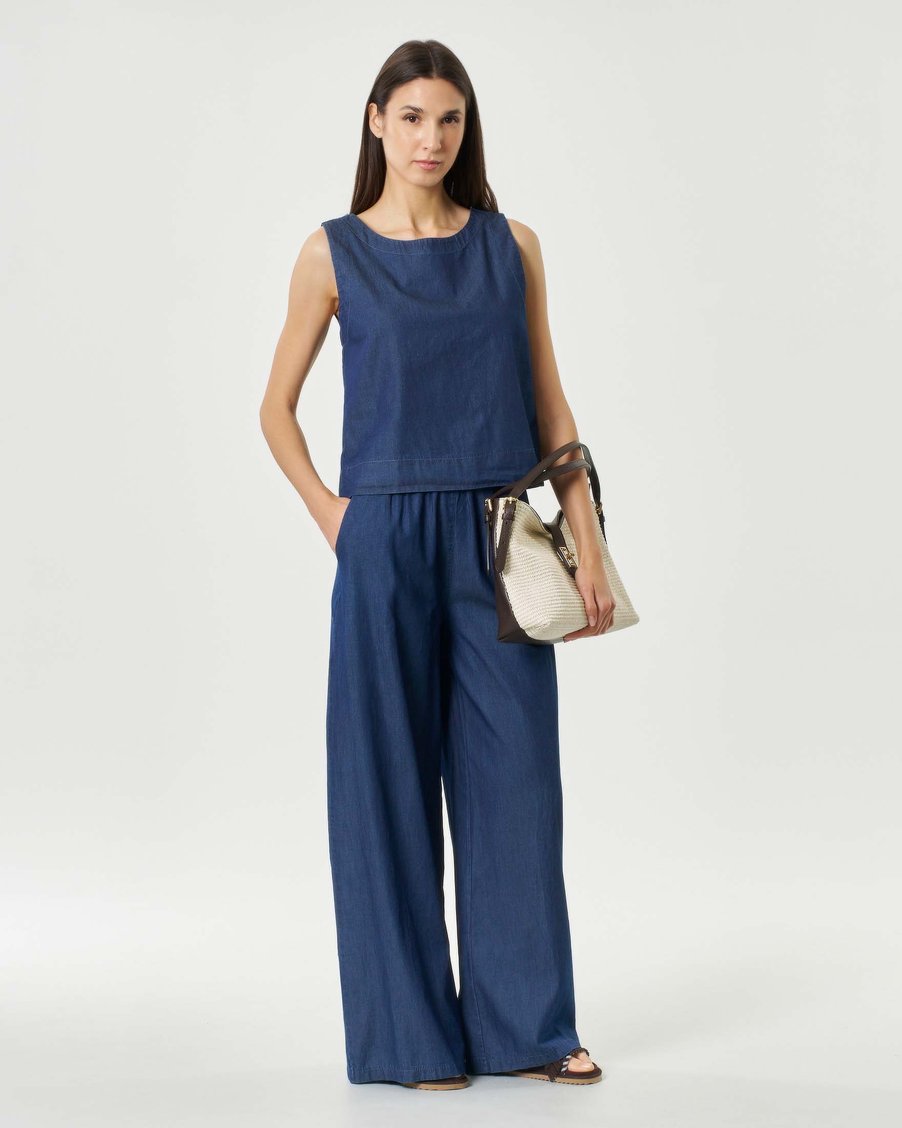Pantaloni palazzo Hlo blu denin in chambray di cotone con vita elasticizzata e tasche laterali