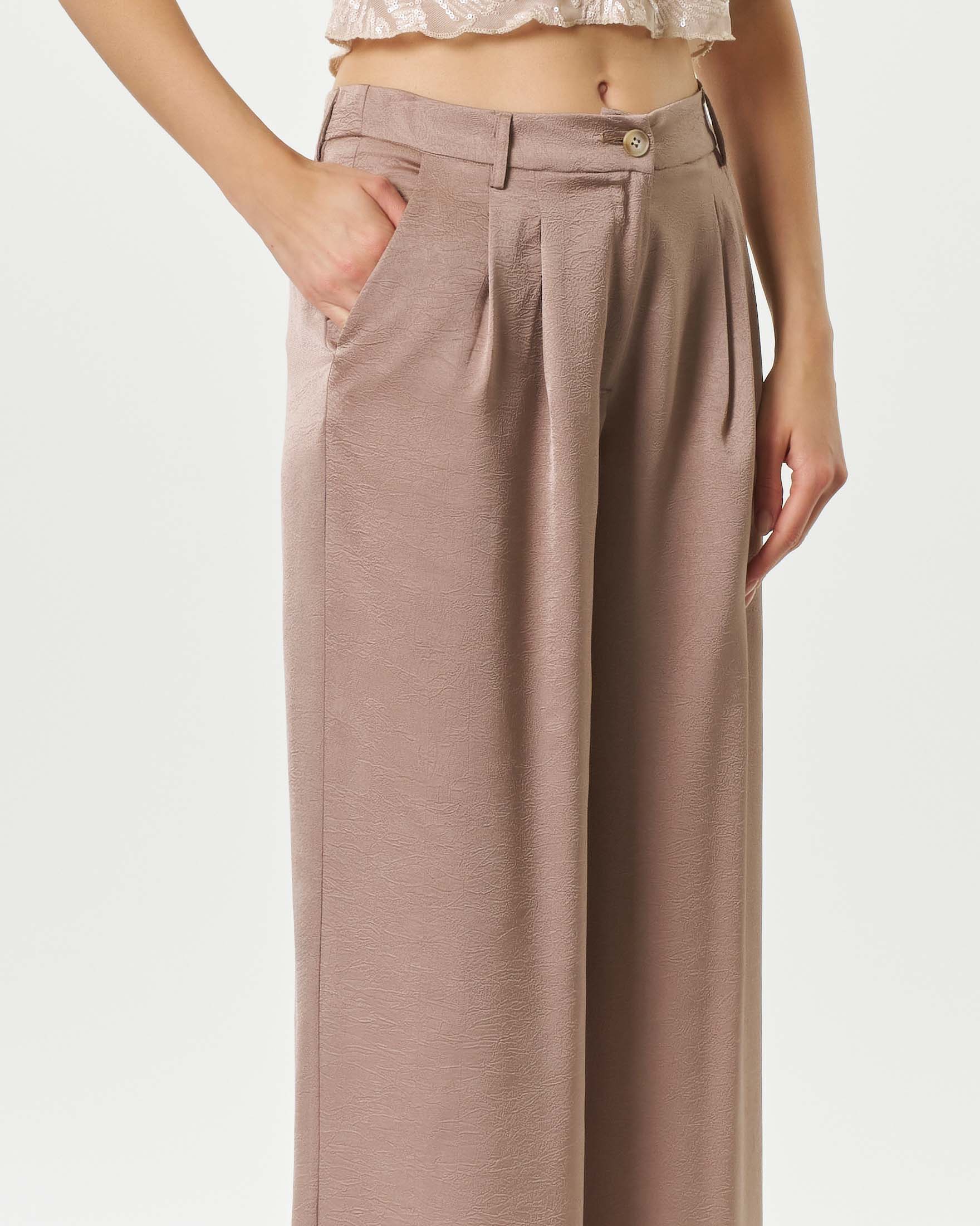 Pantaloni a palazzo Hlo! color tortora in froissè con pince e tasche alla francese image