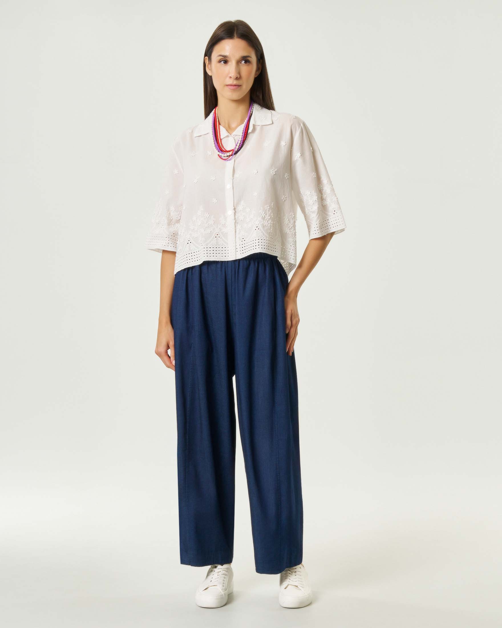 Pantaloni Hlo! Japan fit in chambray di cotone blu con vita elasticizzata
