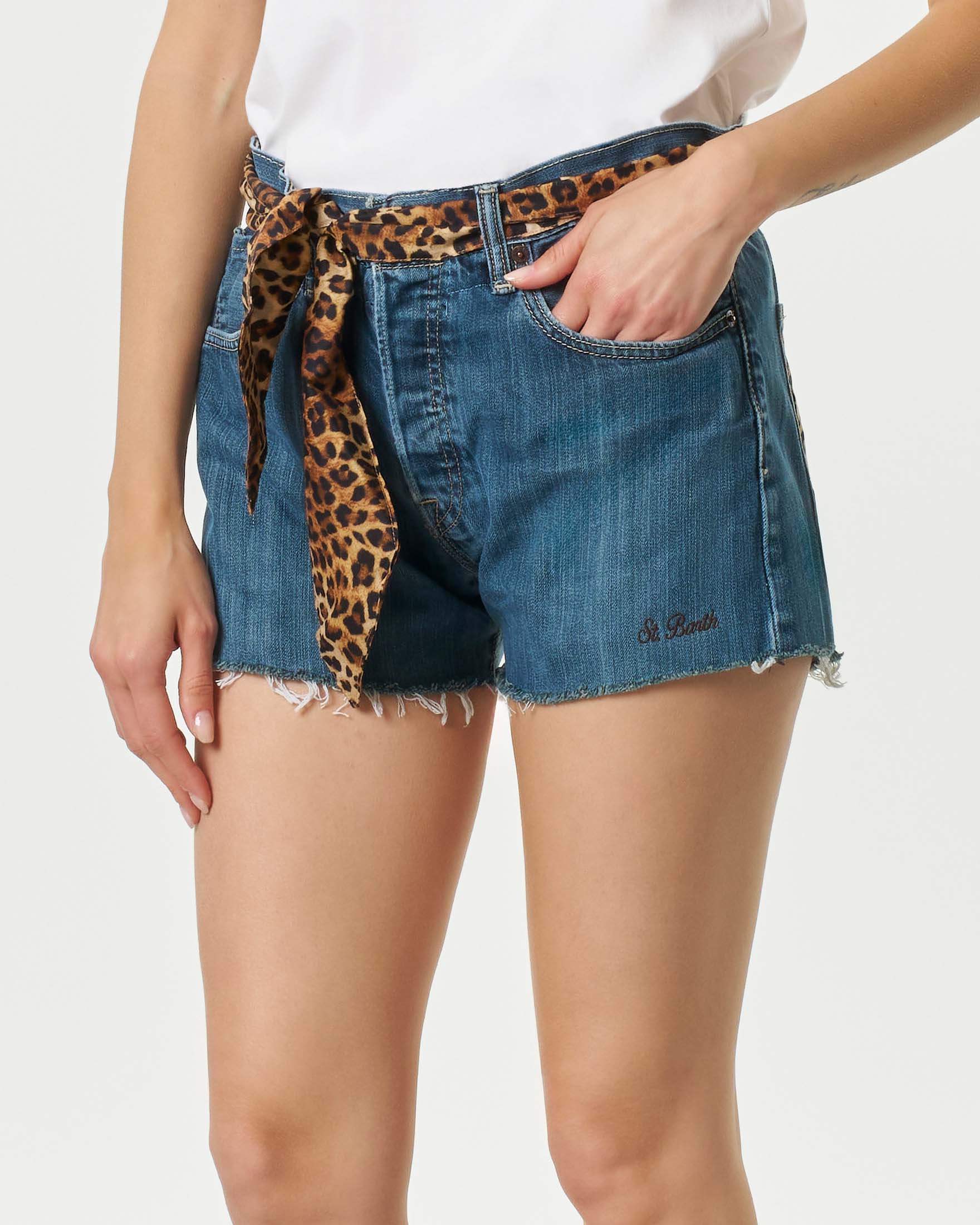Shorts MC2 Saint Barth in denim di cotone con inserti in stampa leopardata image