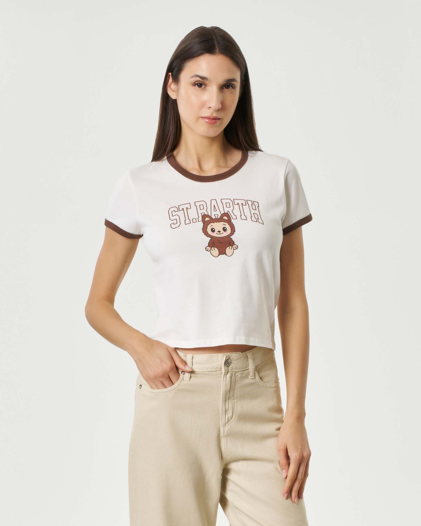 T-shirt MC2 Saint Barth bianca in cotone con stampa logo e Labubu sul davanti con bordi marroni