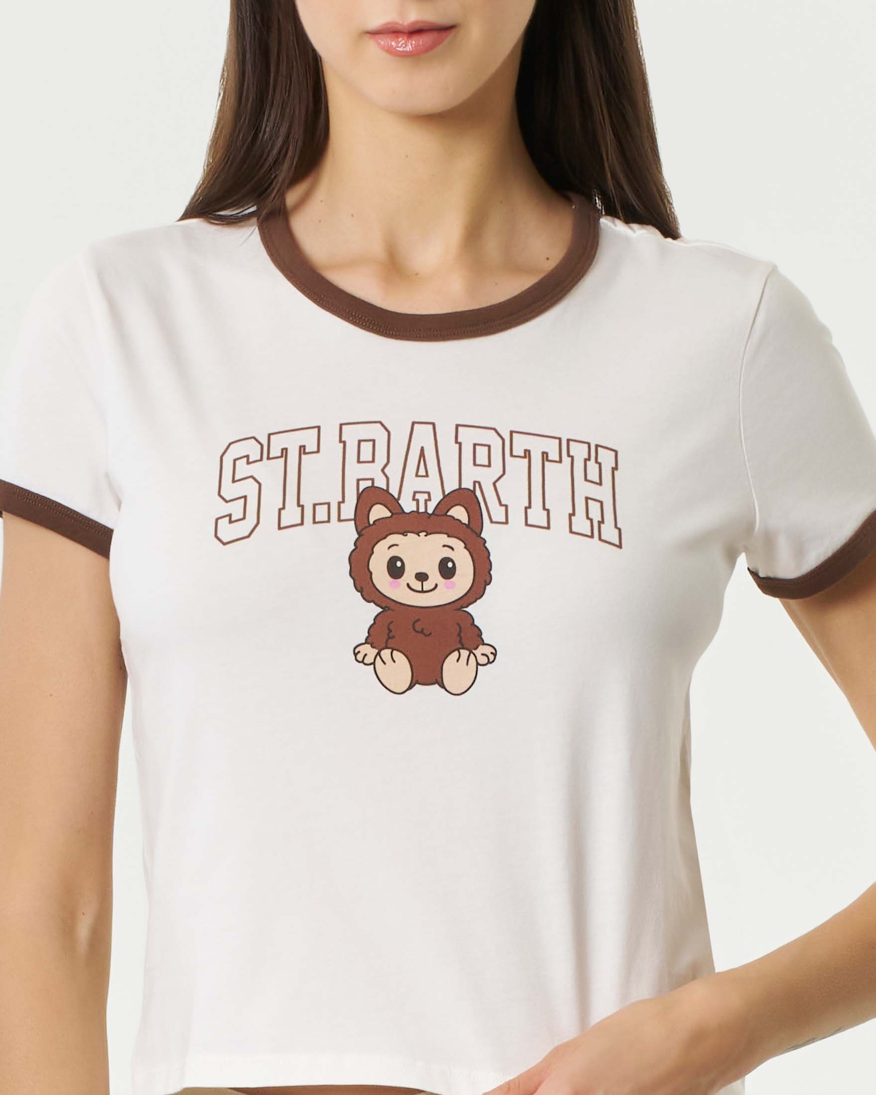 T-shirt MC2 Saint Barth bianca in cotone con stampa logo e Labubu sul davanti con bordi marroni image