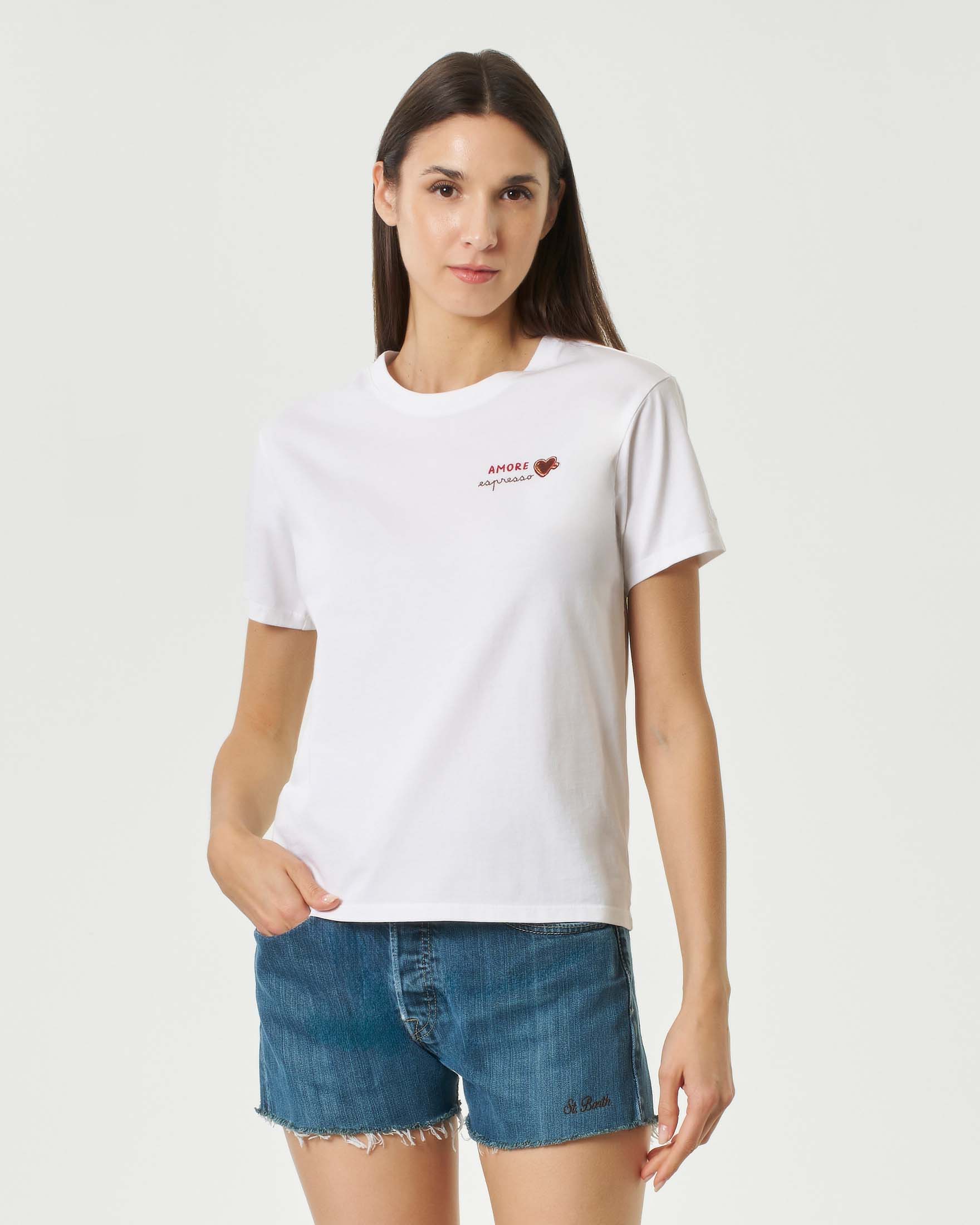 T-shirt MC2 Saint Barth bianca in cotone con ricamo con scritta e cuore sul petto