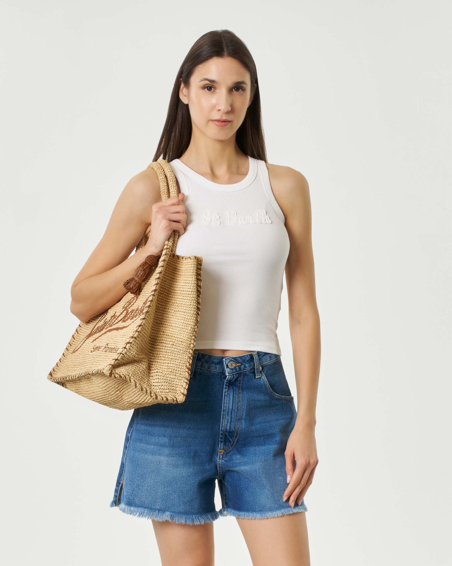 Canotta bianca in cotone a costine con patch logo tono su tono sul davanti