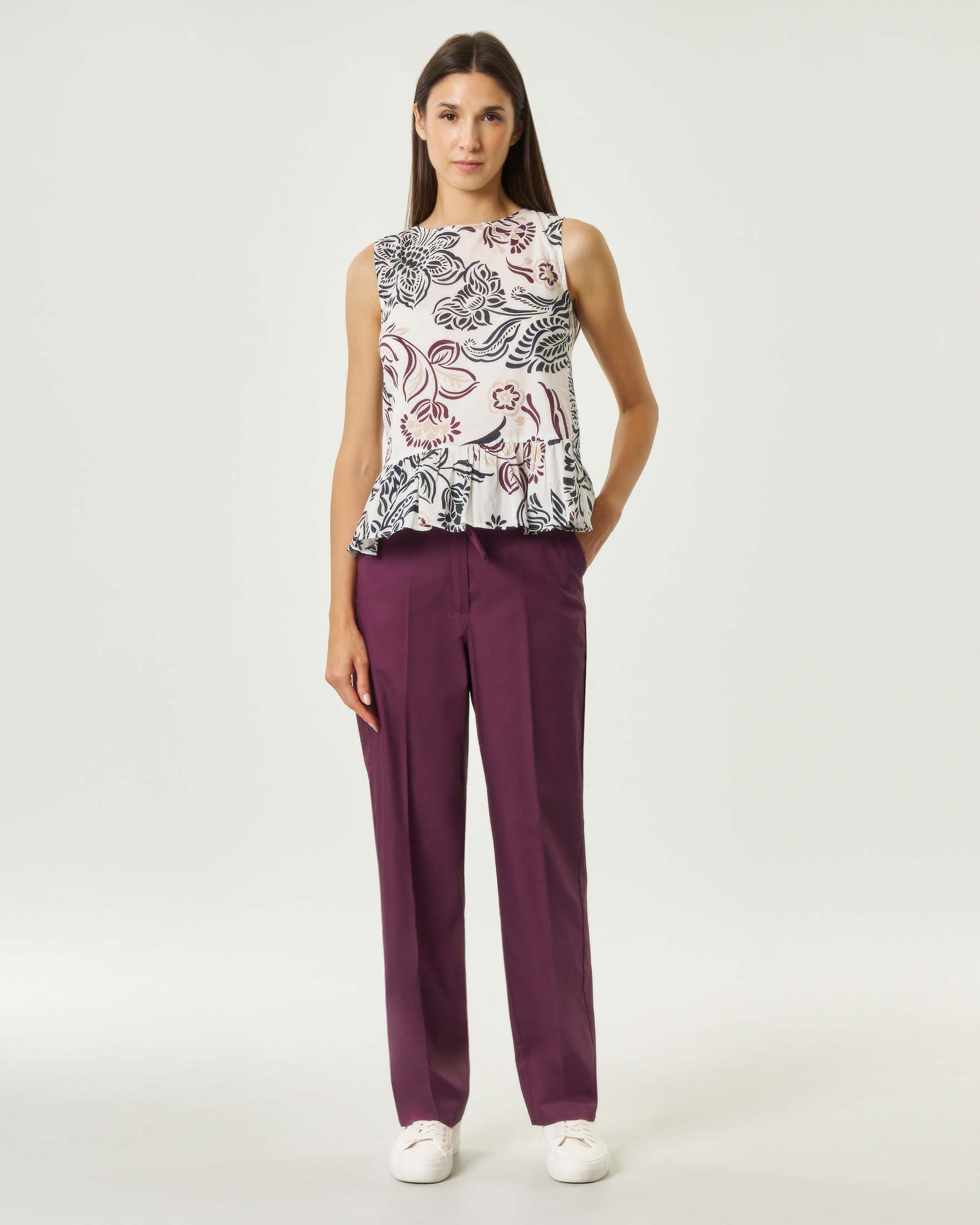 Pantalone dritto color prugna in puro cotone con fusciacca in vita