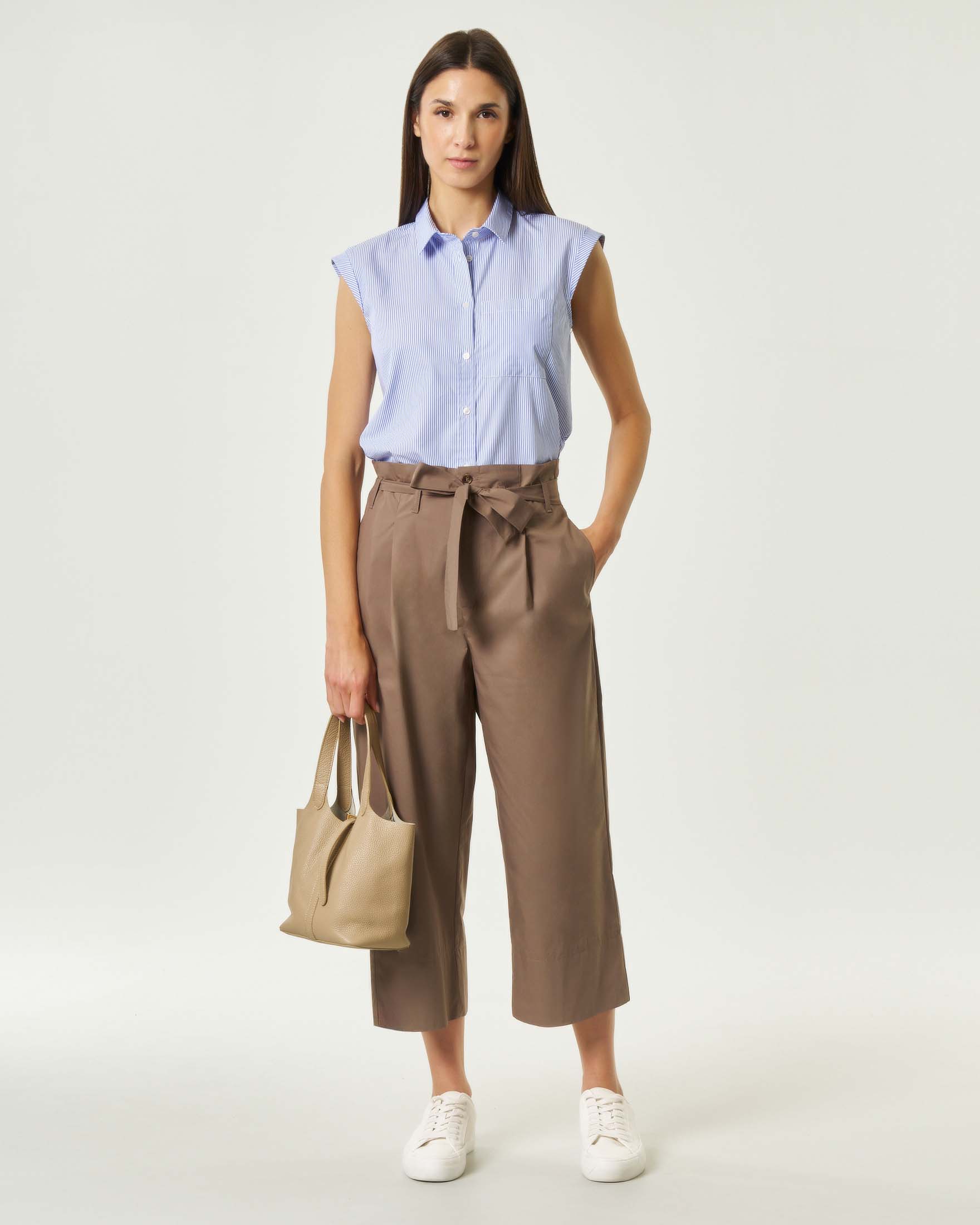 Pantaloni crop Emme Marella tortora in popeline di cotone stretch con cintura in vita