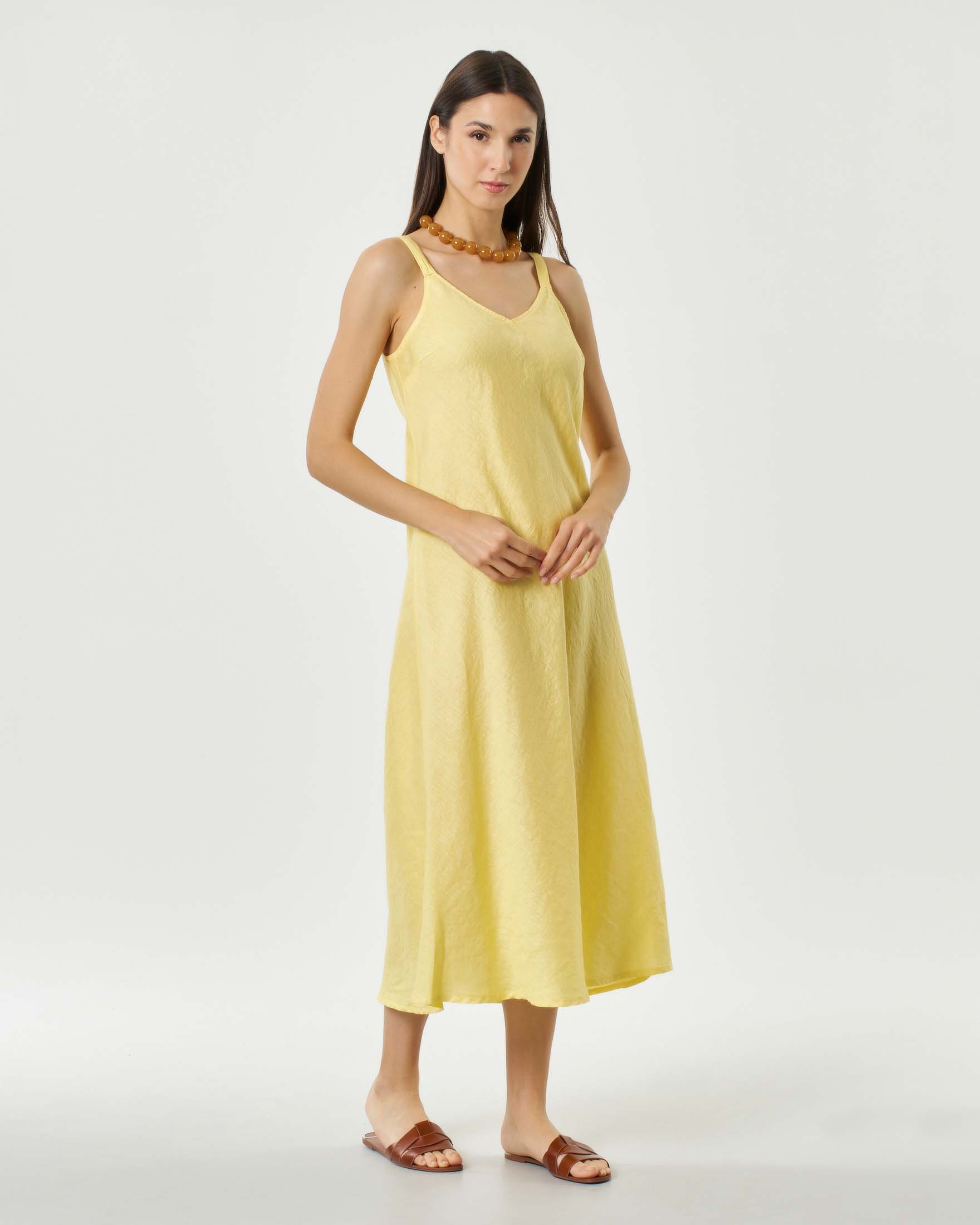 Abito midi color burro con maniche a filetto in lino con scollo a V