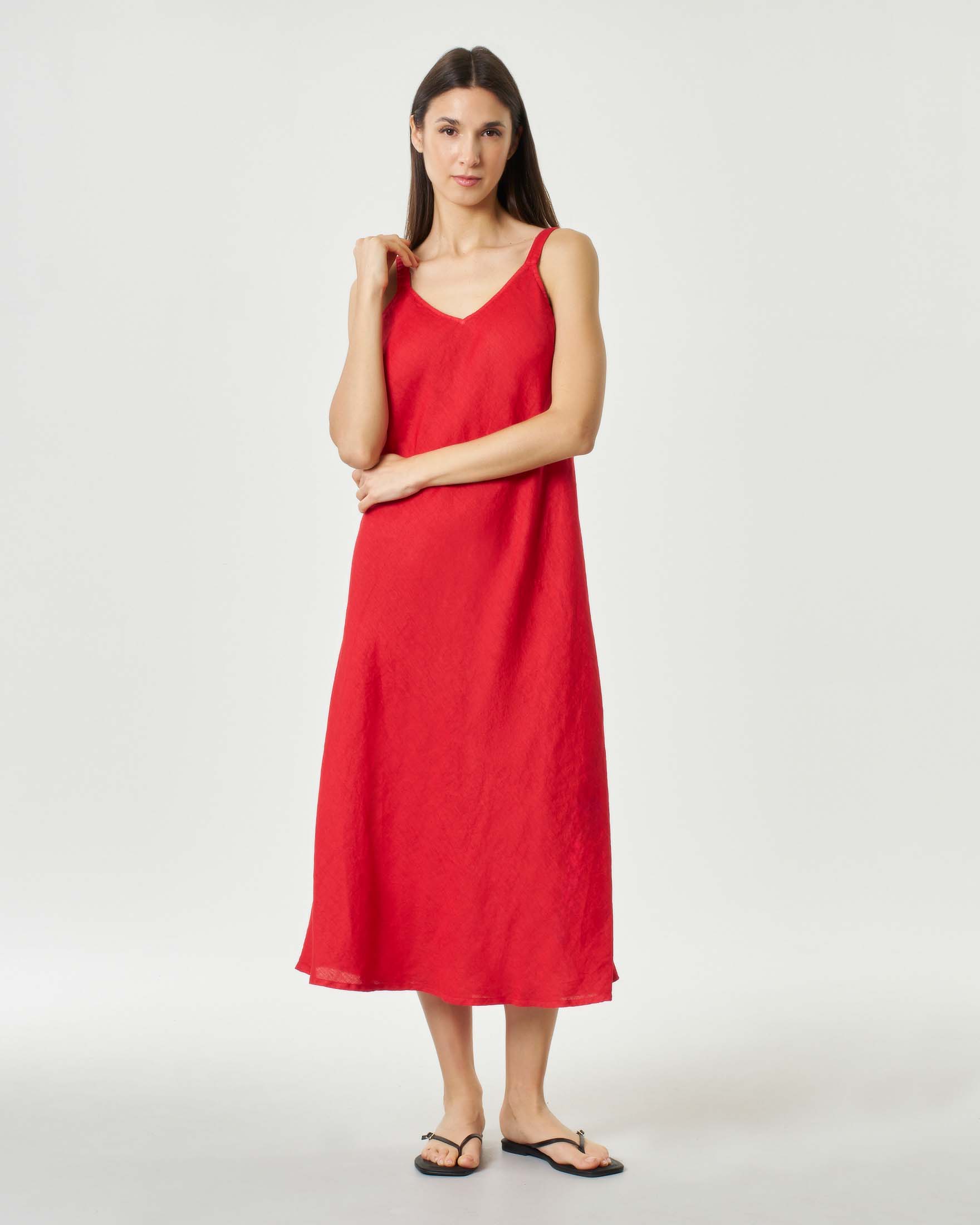 Abito midi rosso con maniche a filetto in lino con scollo a V