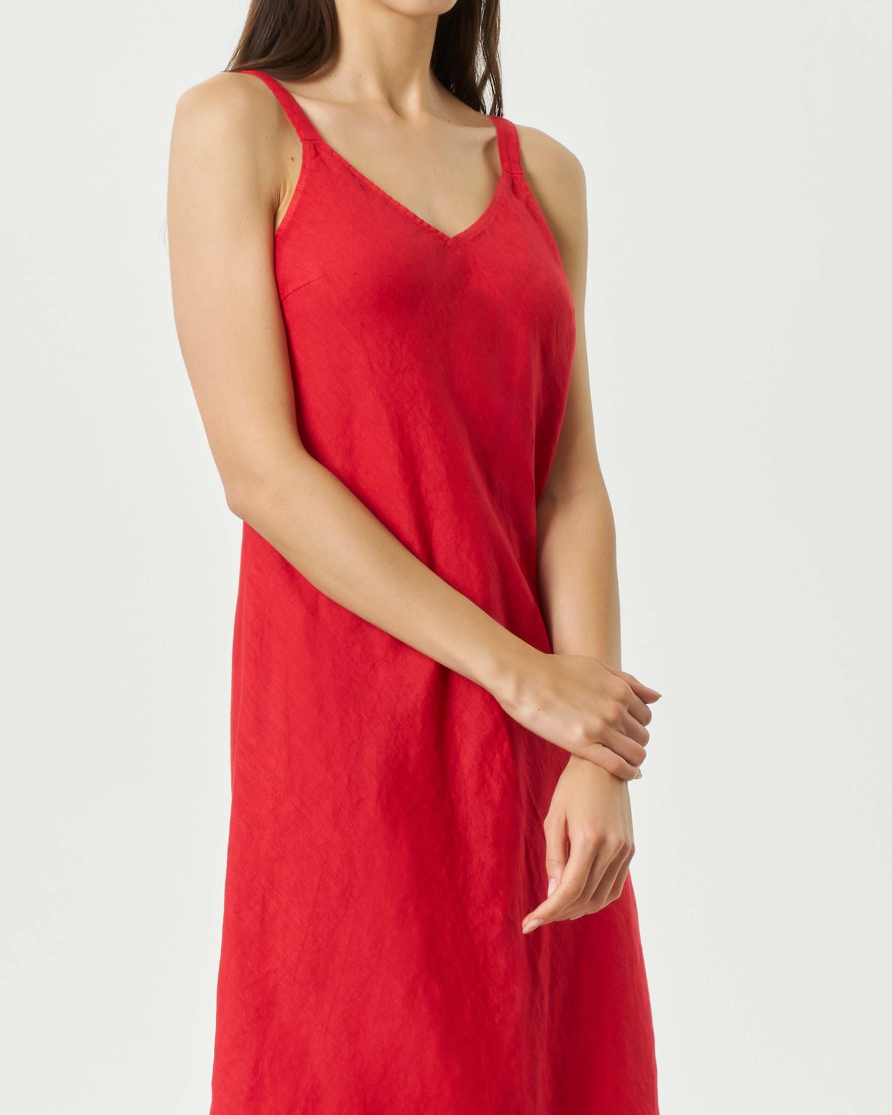 Abito midi rosso con maniche a filetto in lino con scollo a V image