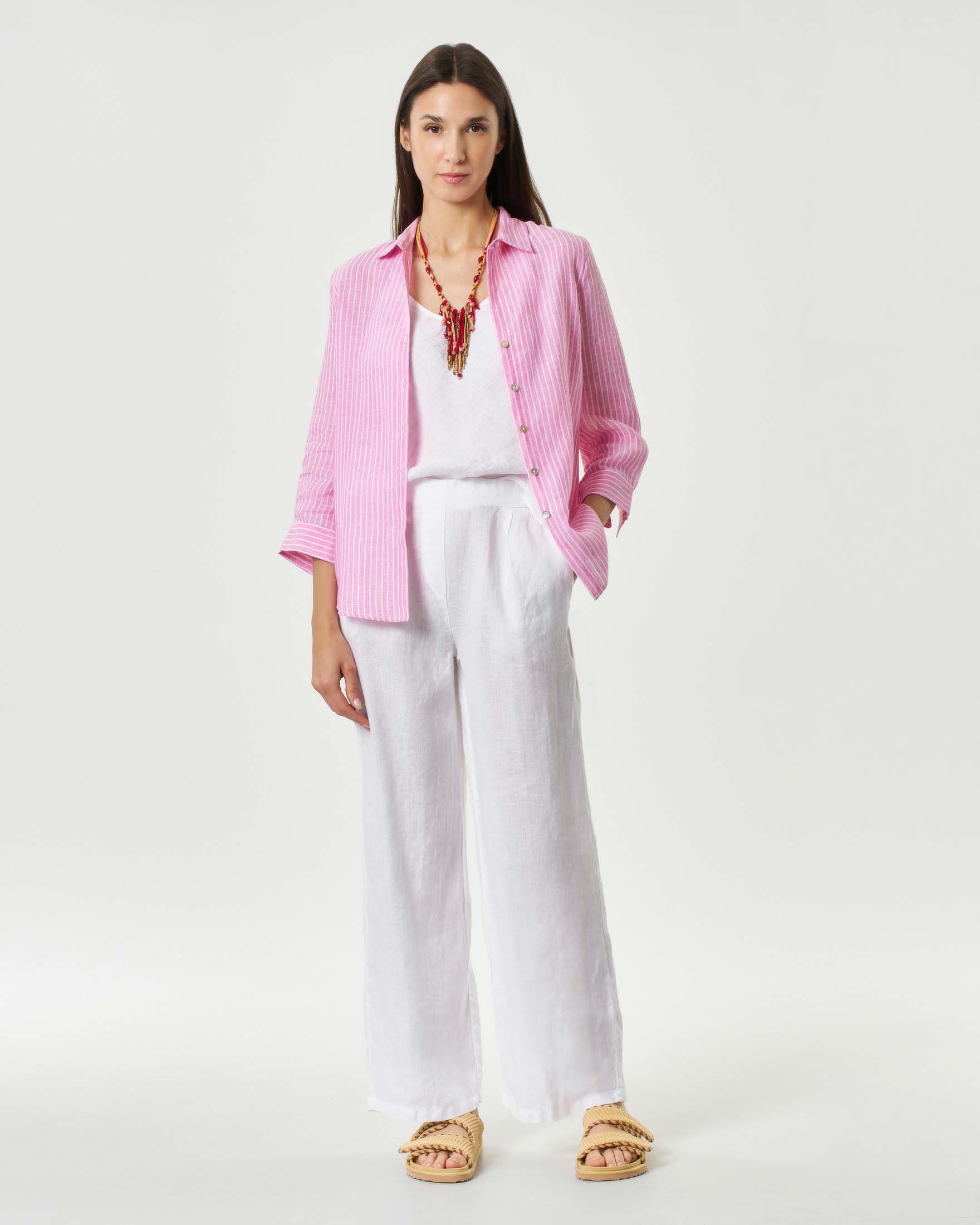 Camicia a righe rosa e bianche in puro lino con colletto classico e apertura a V image