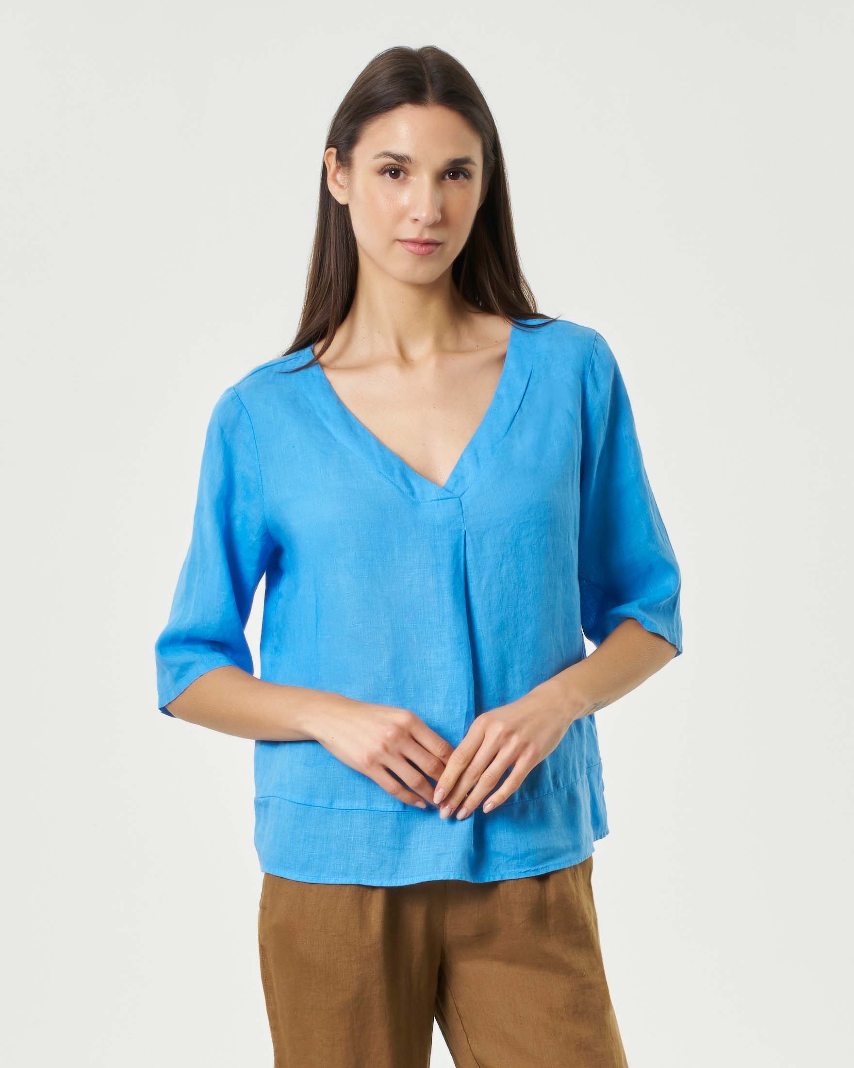 Lino Lino — Blusa turchese in lino con maniche al gomito e scollo a V
