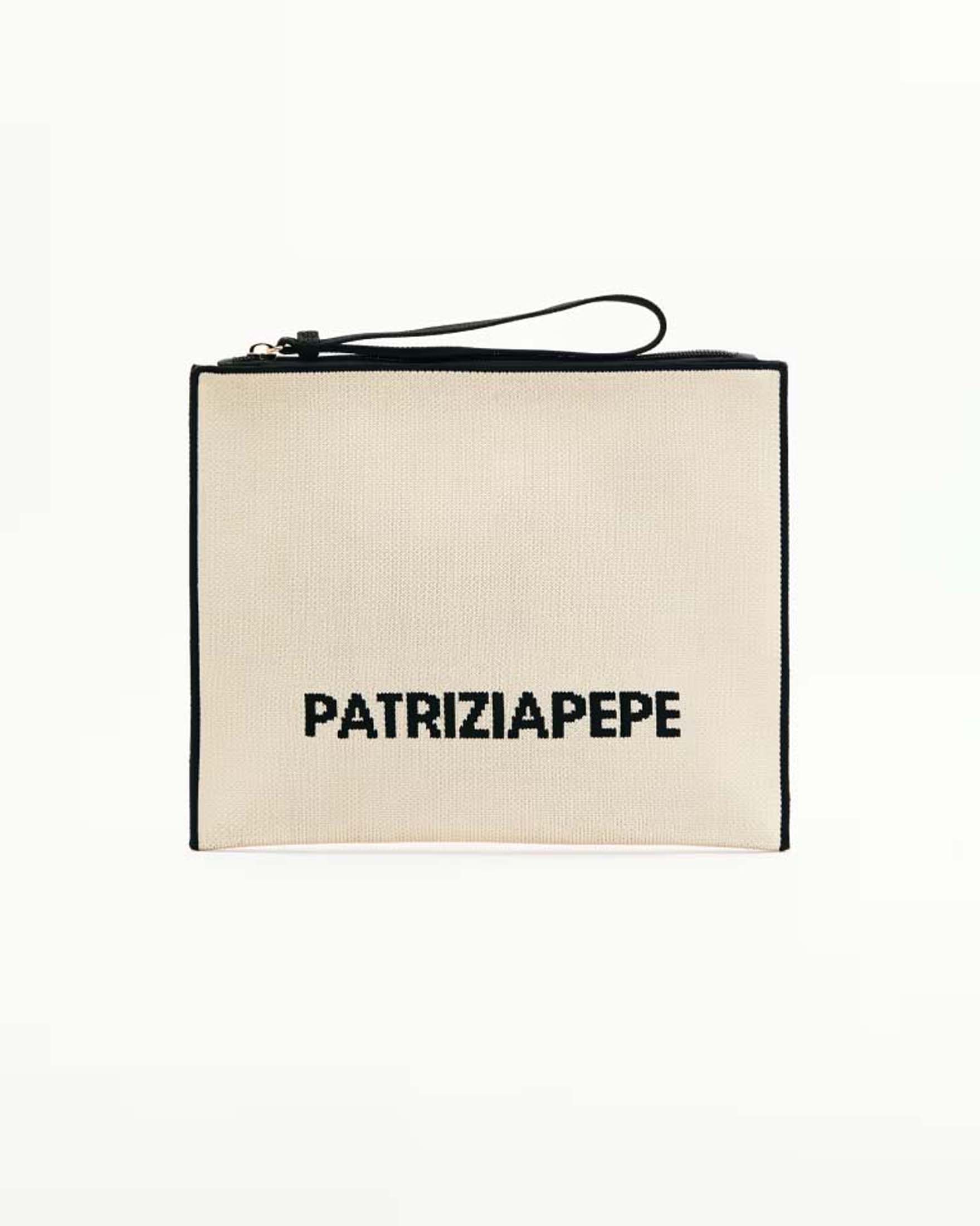 Busta in tessuto color panna con lettering logo e dettagli in similpelle neri
