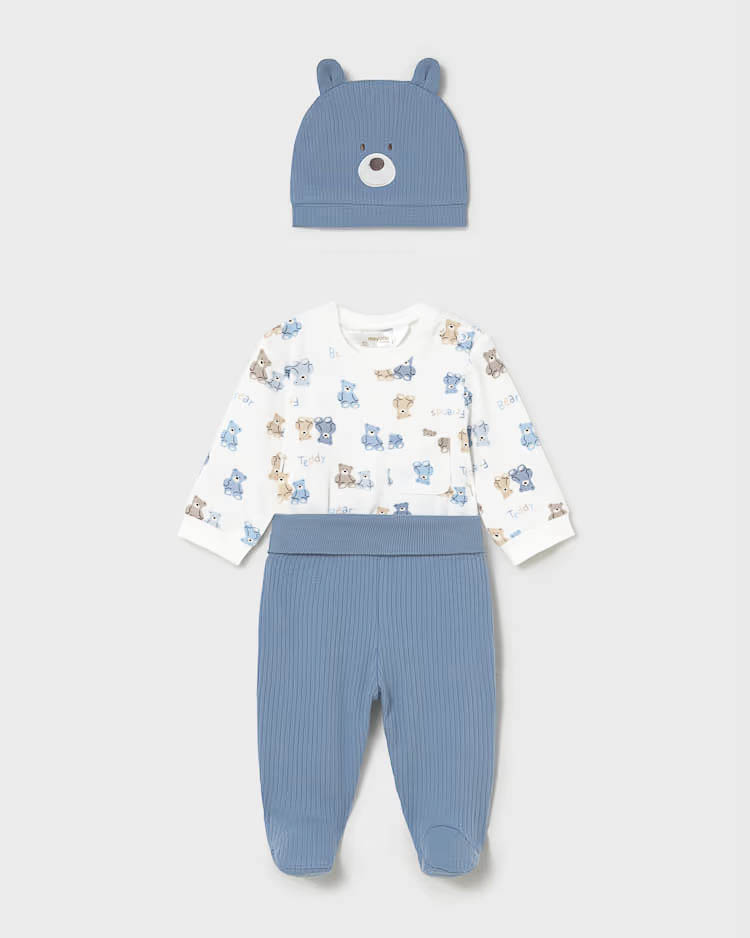 Completo Mayoral 3 pezzi azzurro con orsetti multicolor