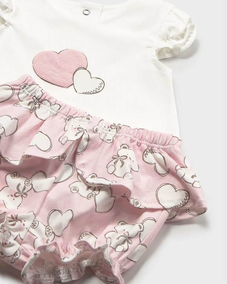 Completo con t-shirt avorio e culotte rosa con orsetti e volant