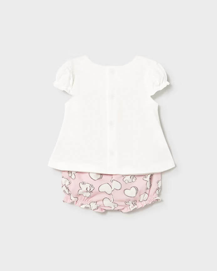 Completo Mayoral con t-shirt avorio e culotte rosa con orsetti e volant image