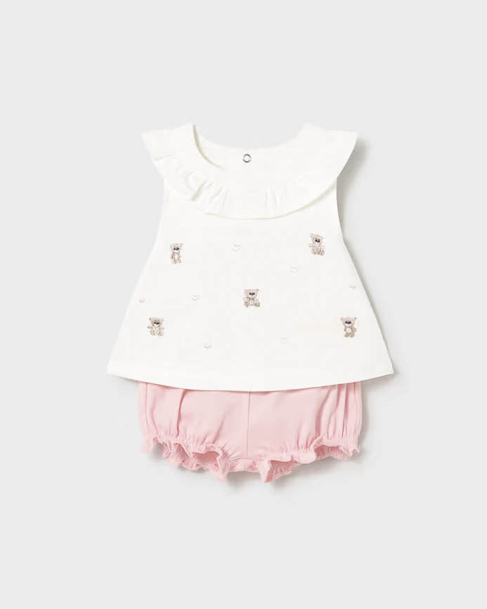 Completo Mayoral con t-shirt avorio con orsetti e ghette rosa