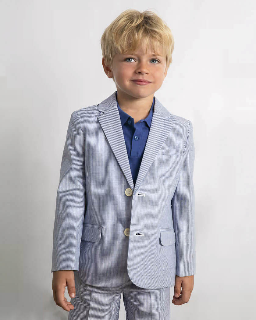 Blazer Mayoral in misto cotone e lino a righe azzurre e bianche