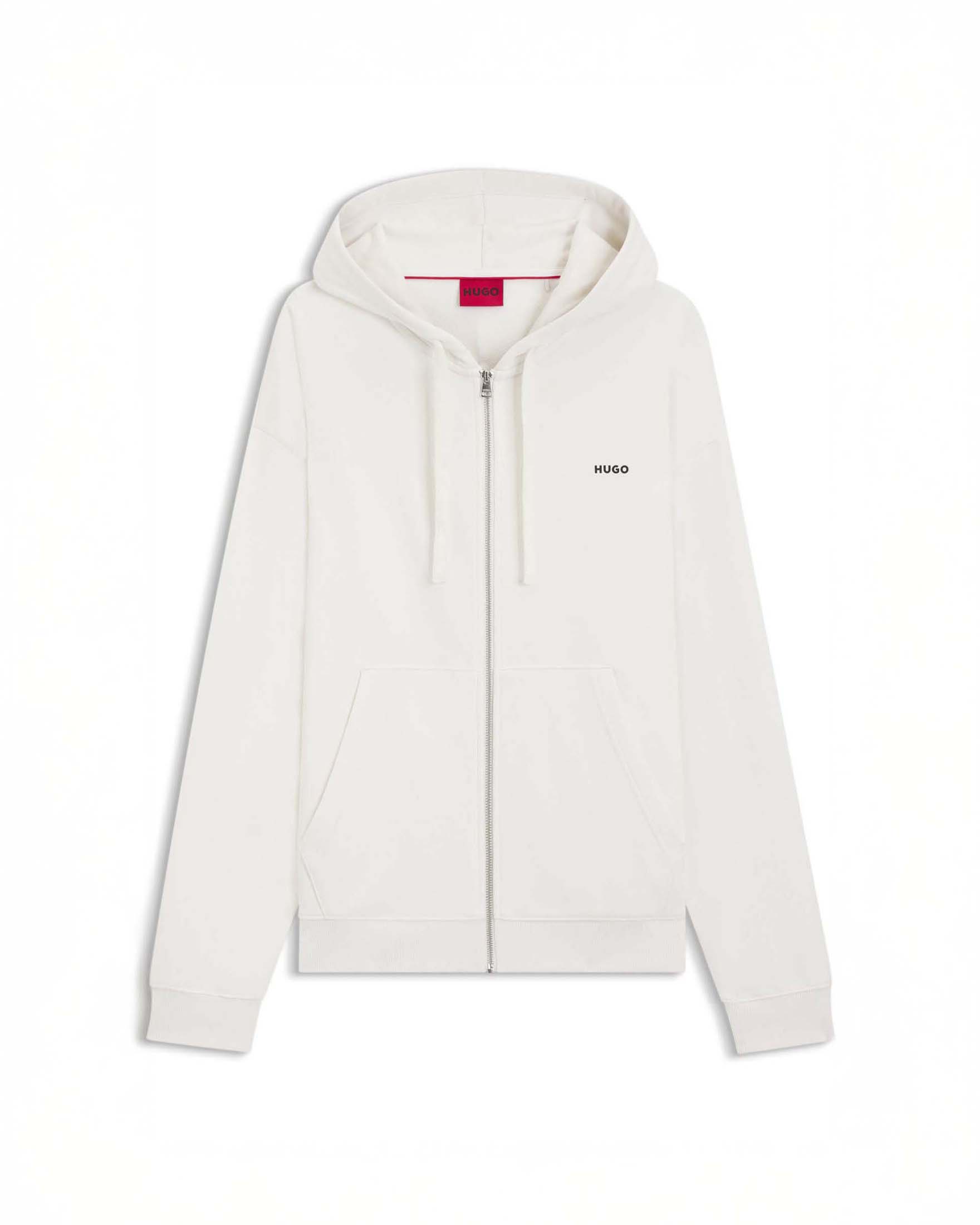Felpa con cappuccio e zip Hugo bianca in cotone con logo ricamato