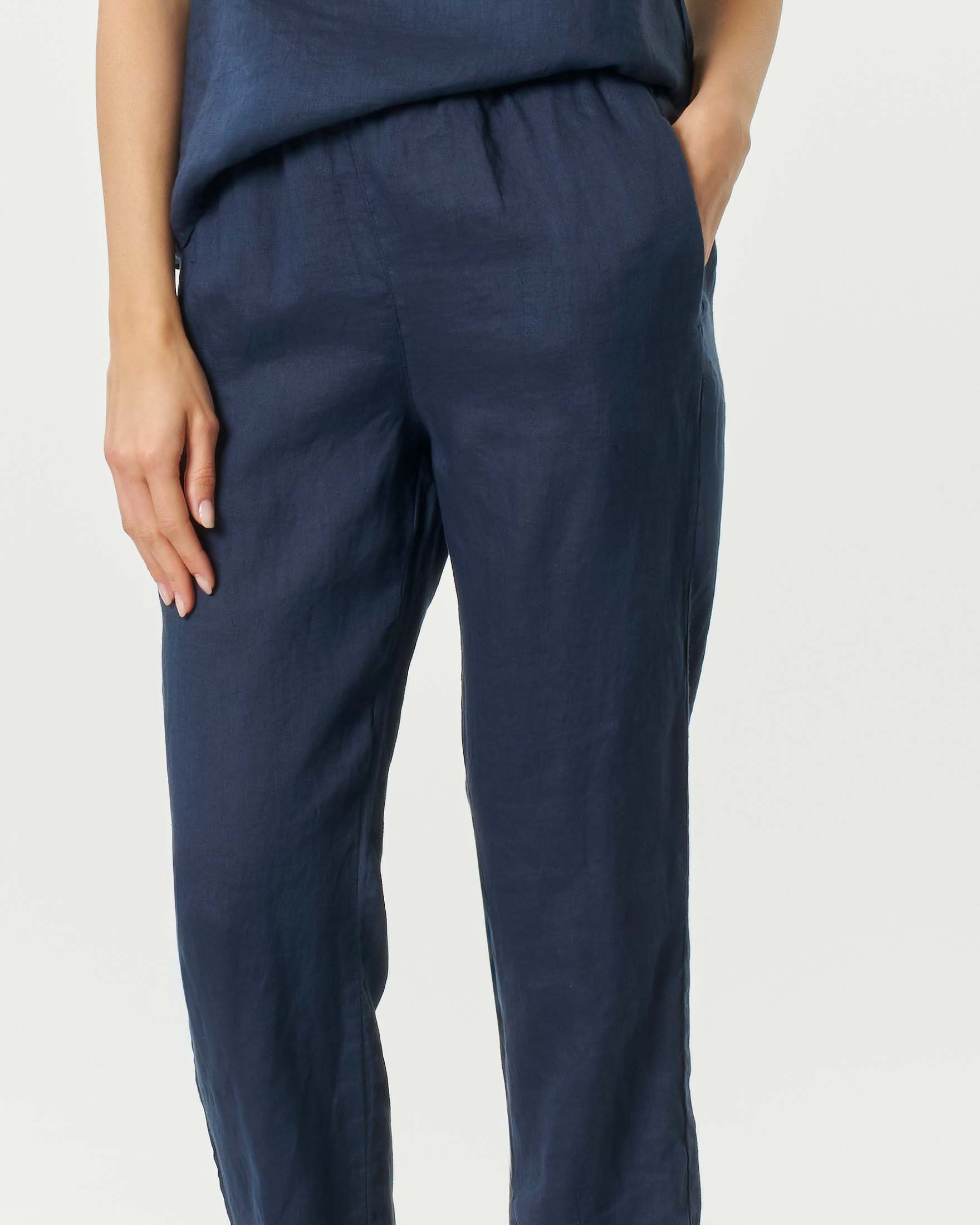 Pantaloni blu in lino a gamba dritta dal taglio cropped con coulisse interna image