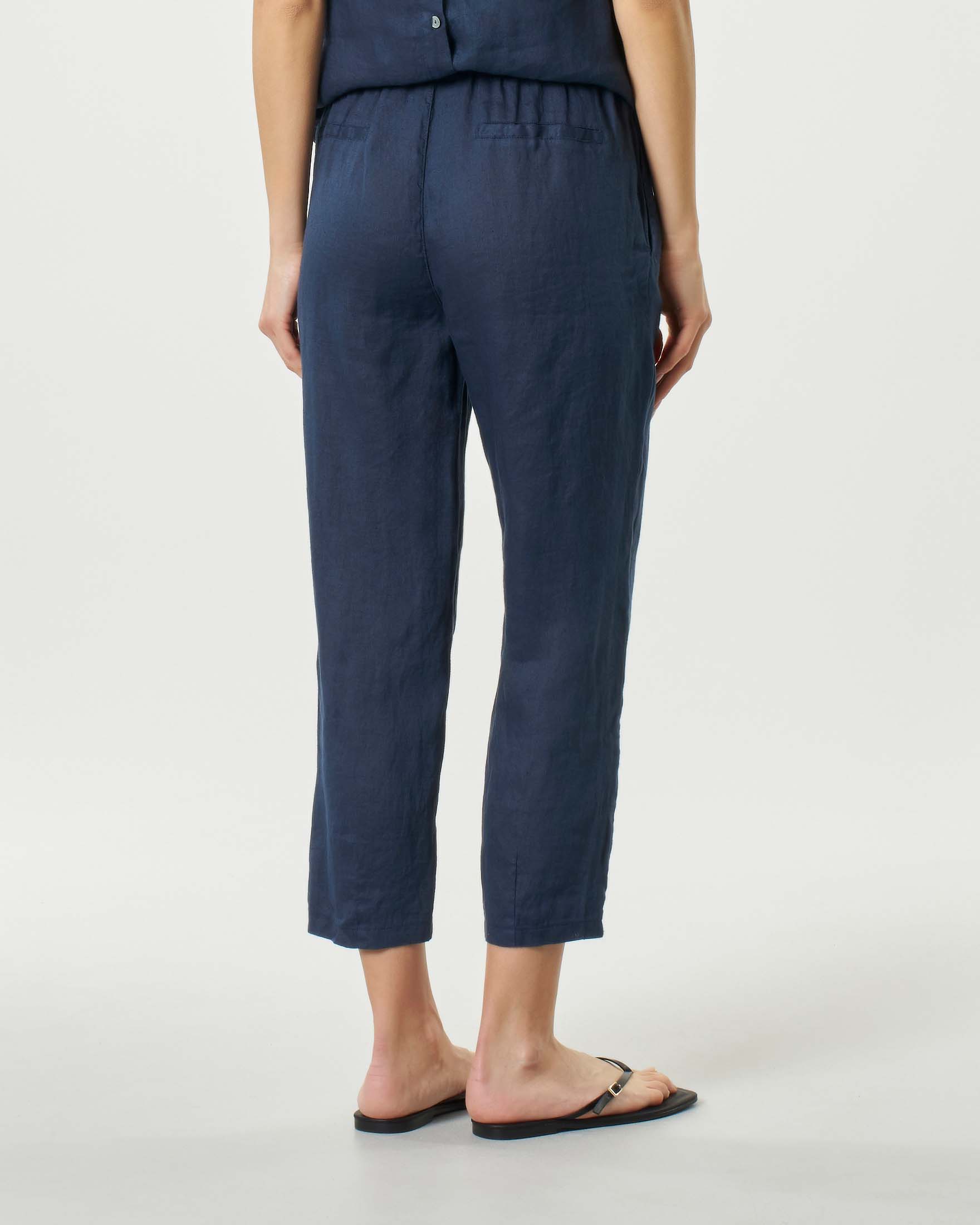Pantaloni blu in lino a gamba dritta dal taglio cropped con coulisse interna