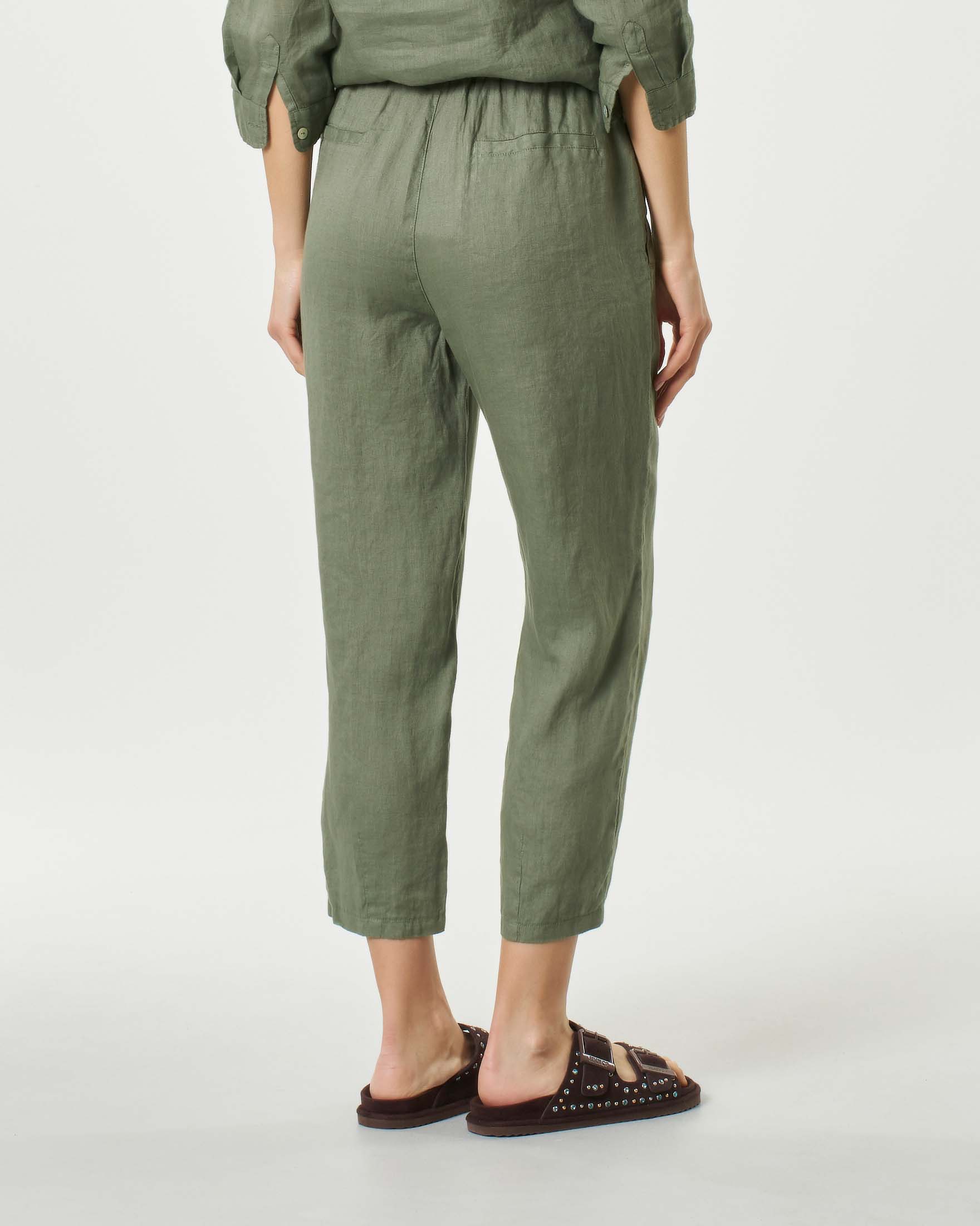 Pantaloni verde militare in lino a gamba dritta dal taglio cropped con coulisse interna