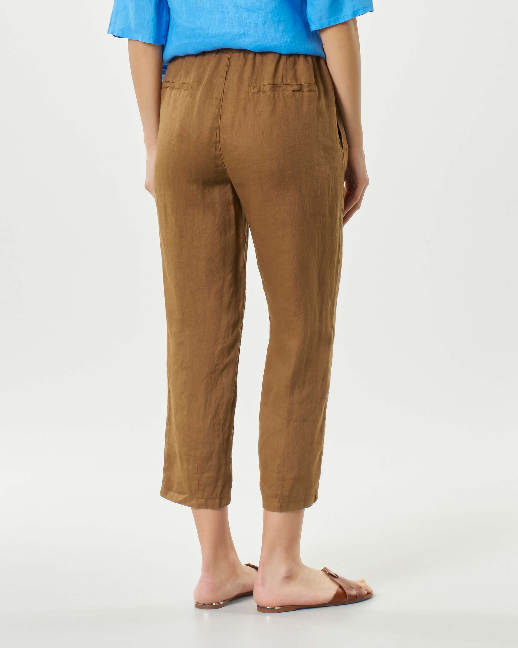 Pantaloni color nocciola in lino a gamba dritta dal taglio cropped con coulisse interna