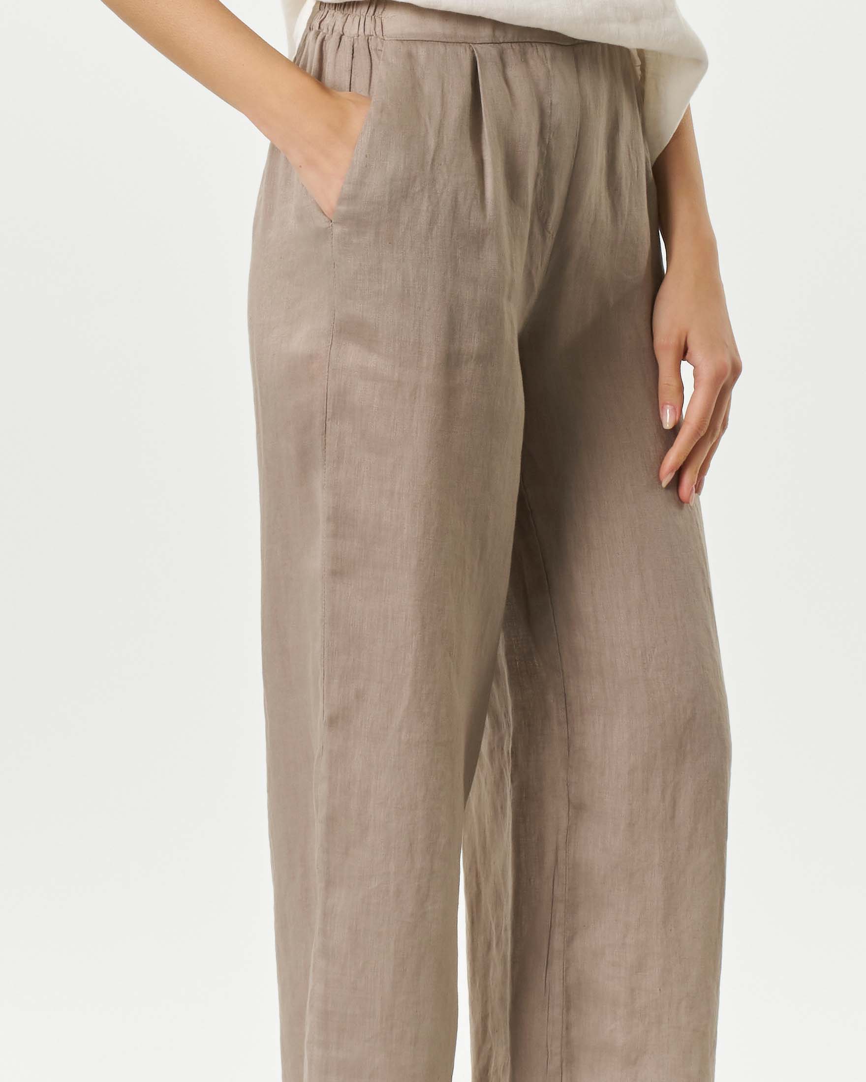 Pantaloni palazzo color fango in lino con elastico inserito in vita