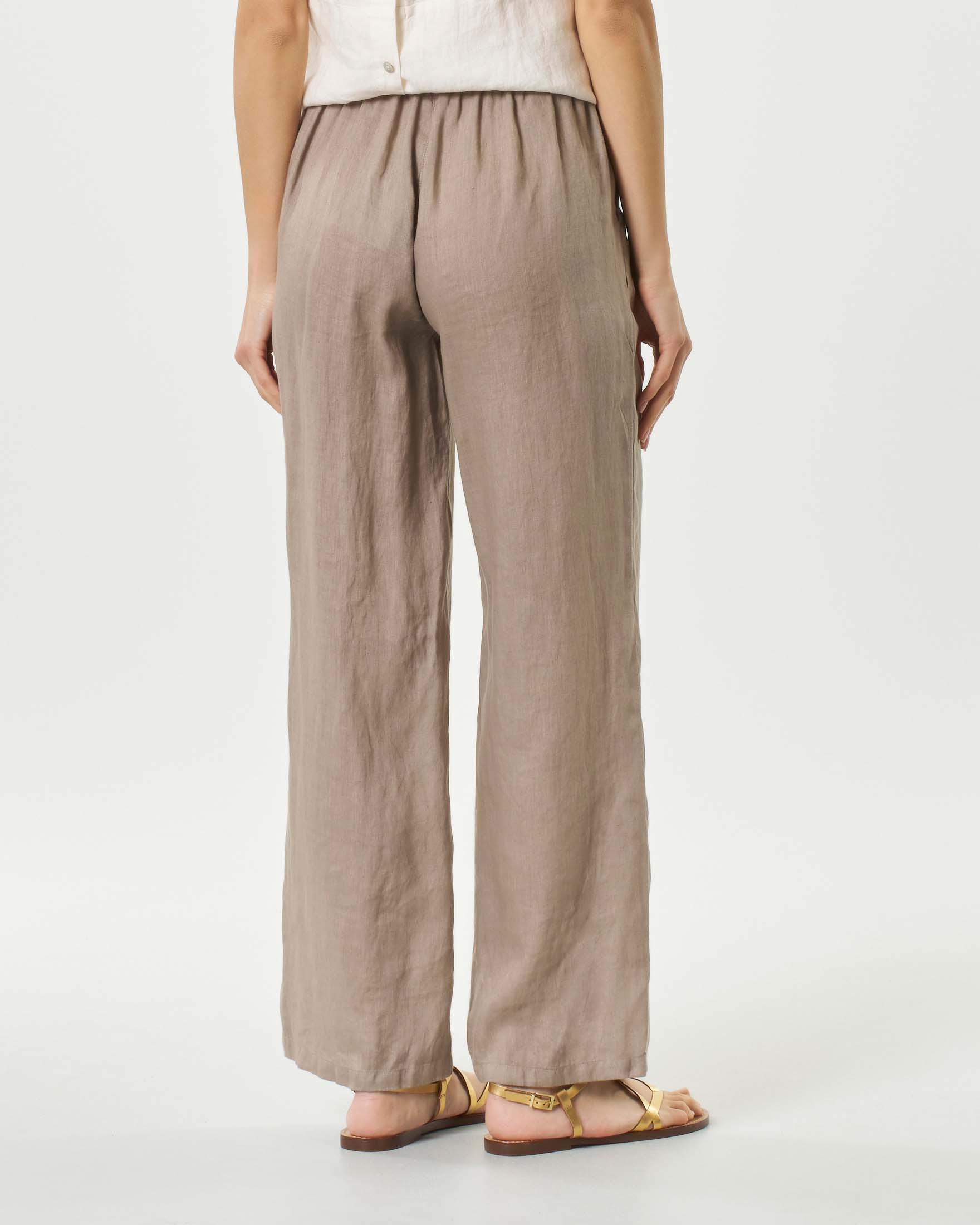Pantaloni palazzo color fango in lino con elastico inserito in vita