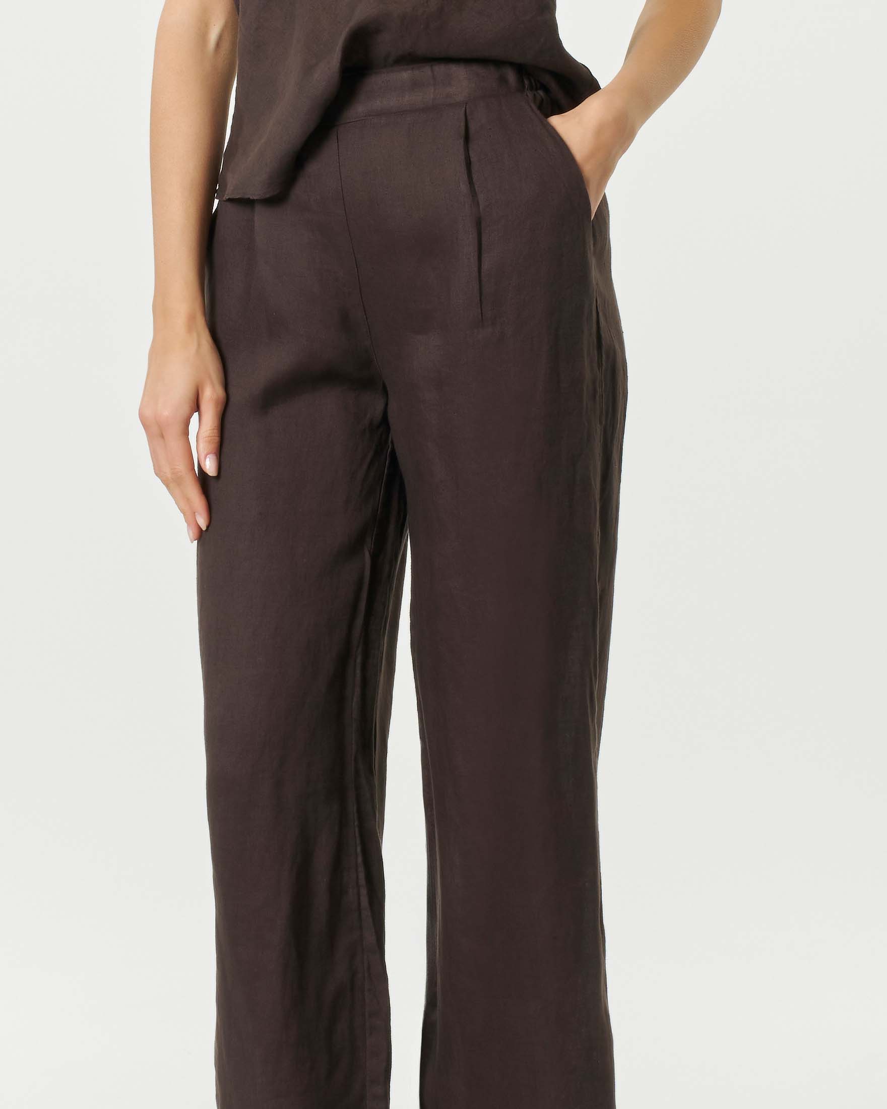 Pantaloni palazzo marroni in lino con elastico inserito in vita