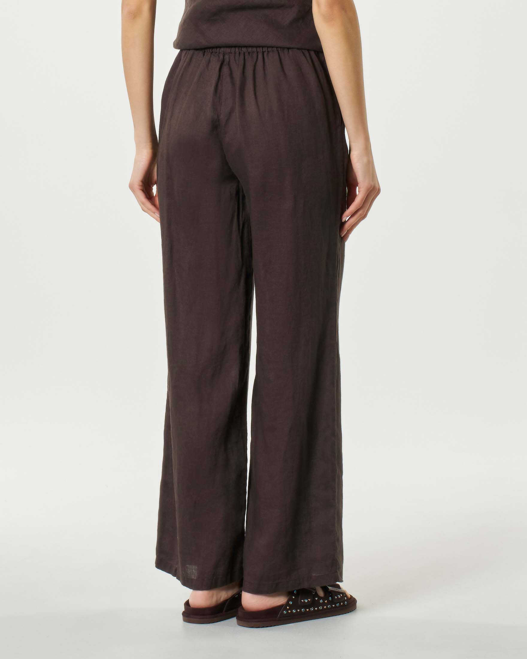 Pantaloni palazzo marroni in lino con elastico inserito in vita