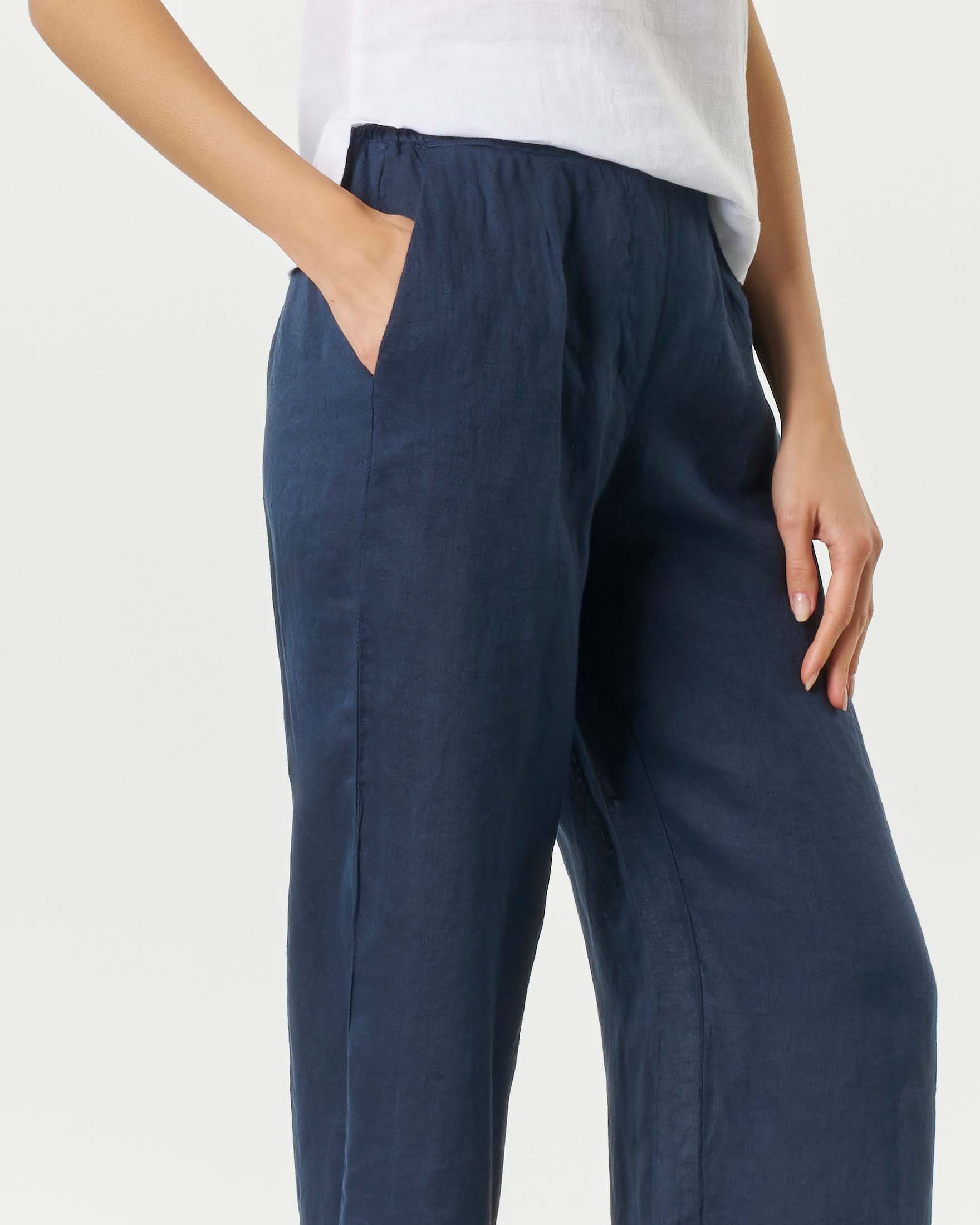 Pantaloni palazzo blu in lino con elastico inserito in vita