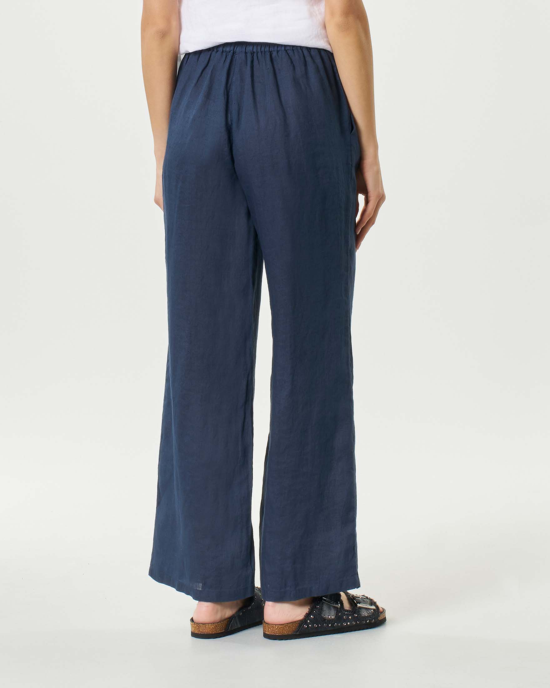 Pantaloni palazzo blu in lino con elastico inserito in vita