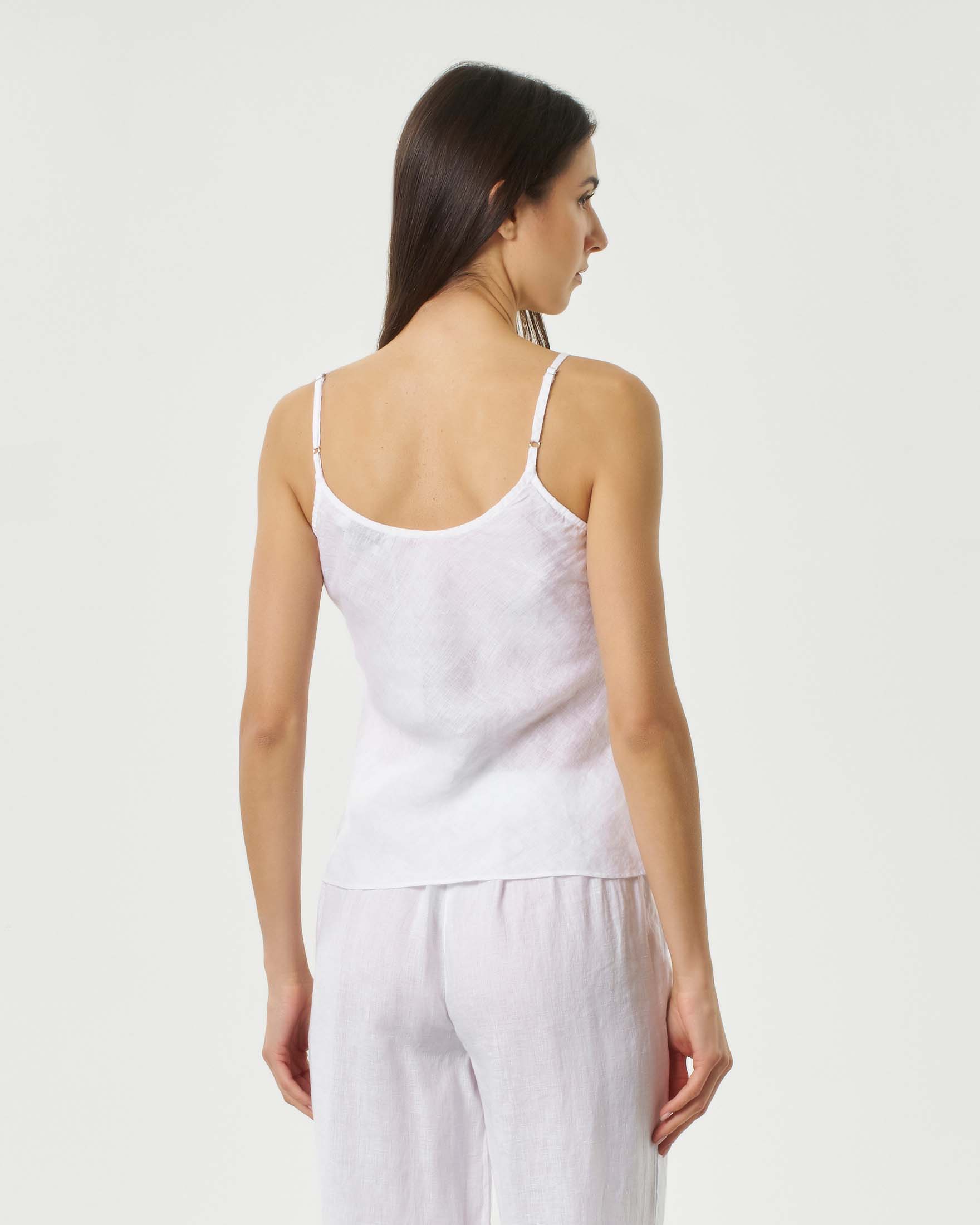 Top bianco in lino con spalline regolabili e scollo a V