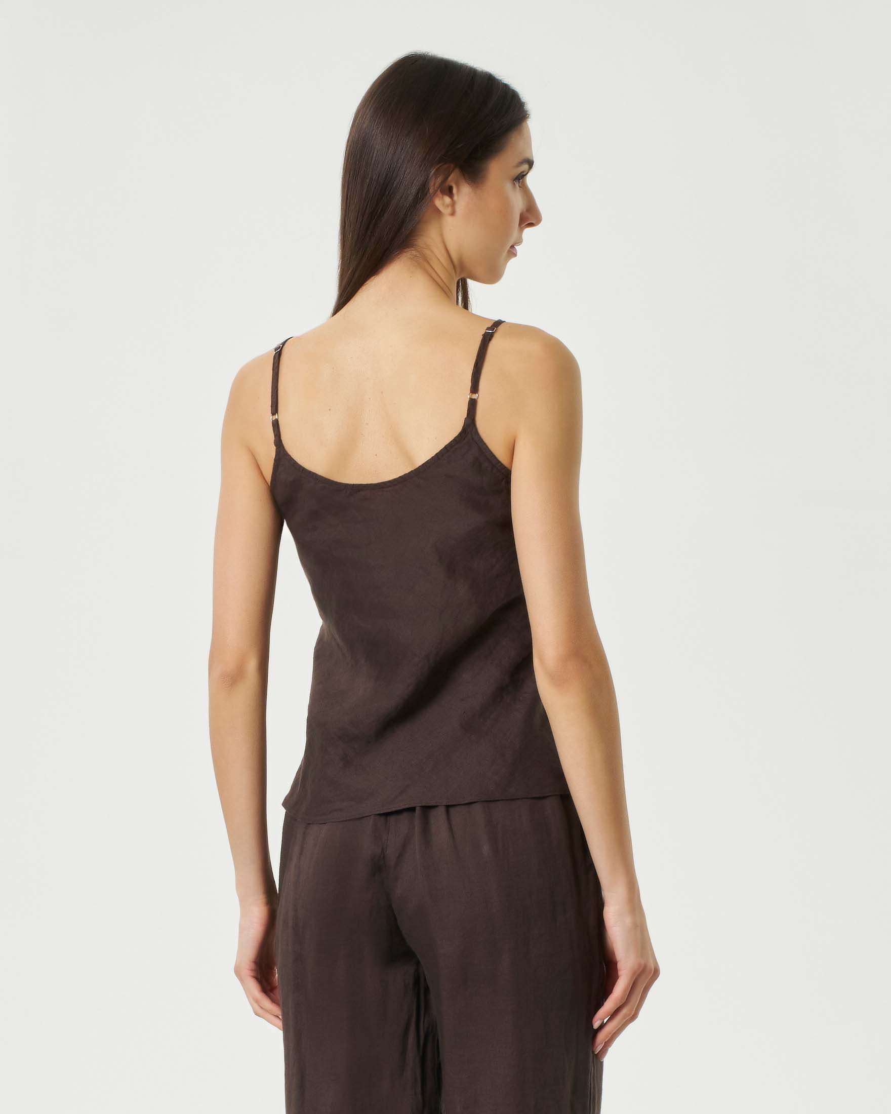 Top marrone in lino con spalline regolabili e scollo a V