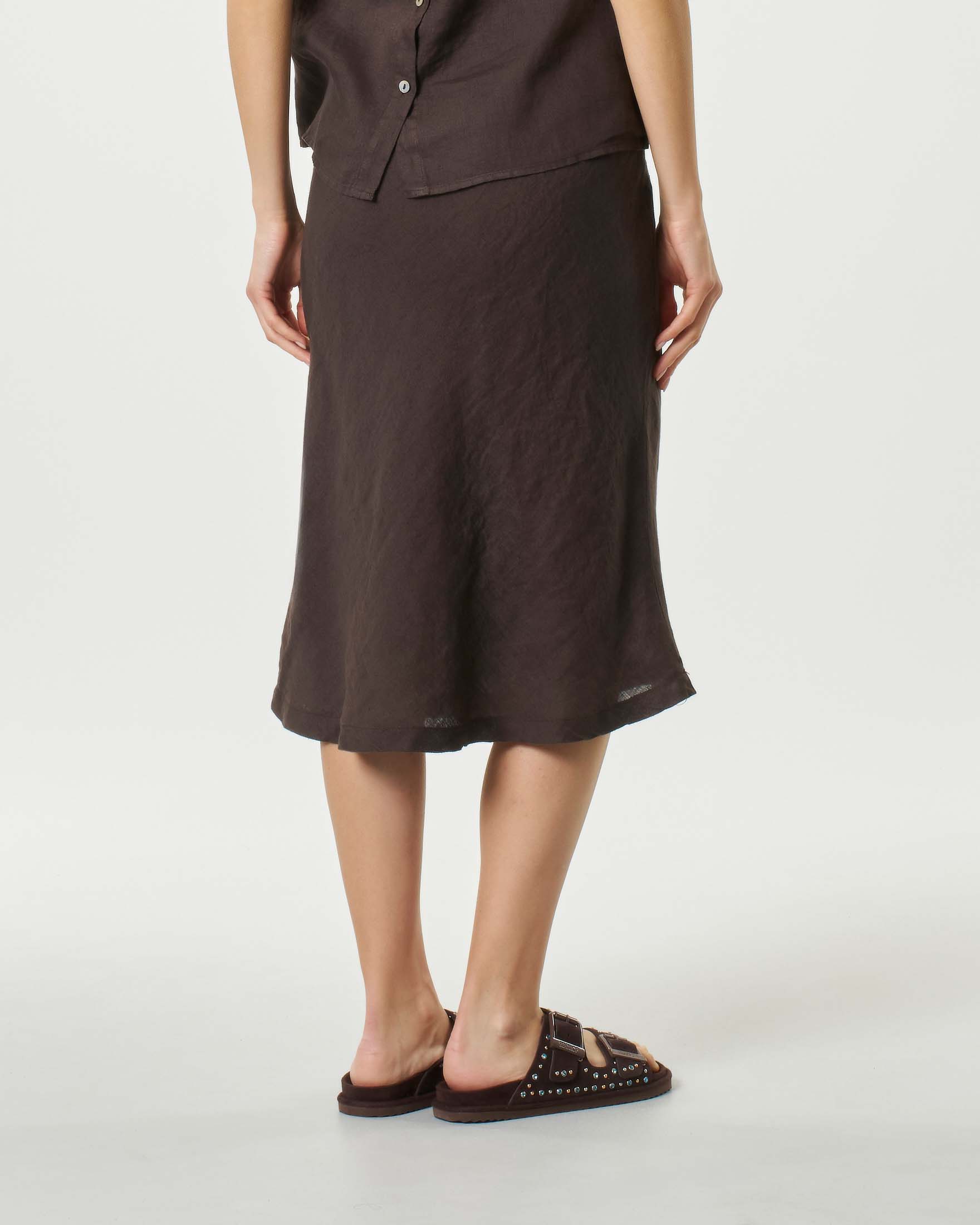 Gonna midi marrone in lino con vita arricciata e coulisse interna