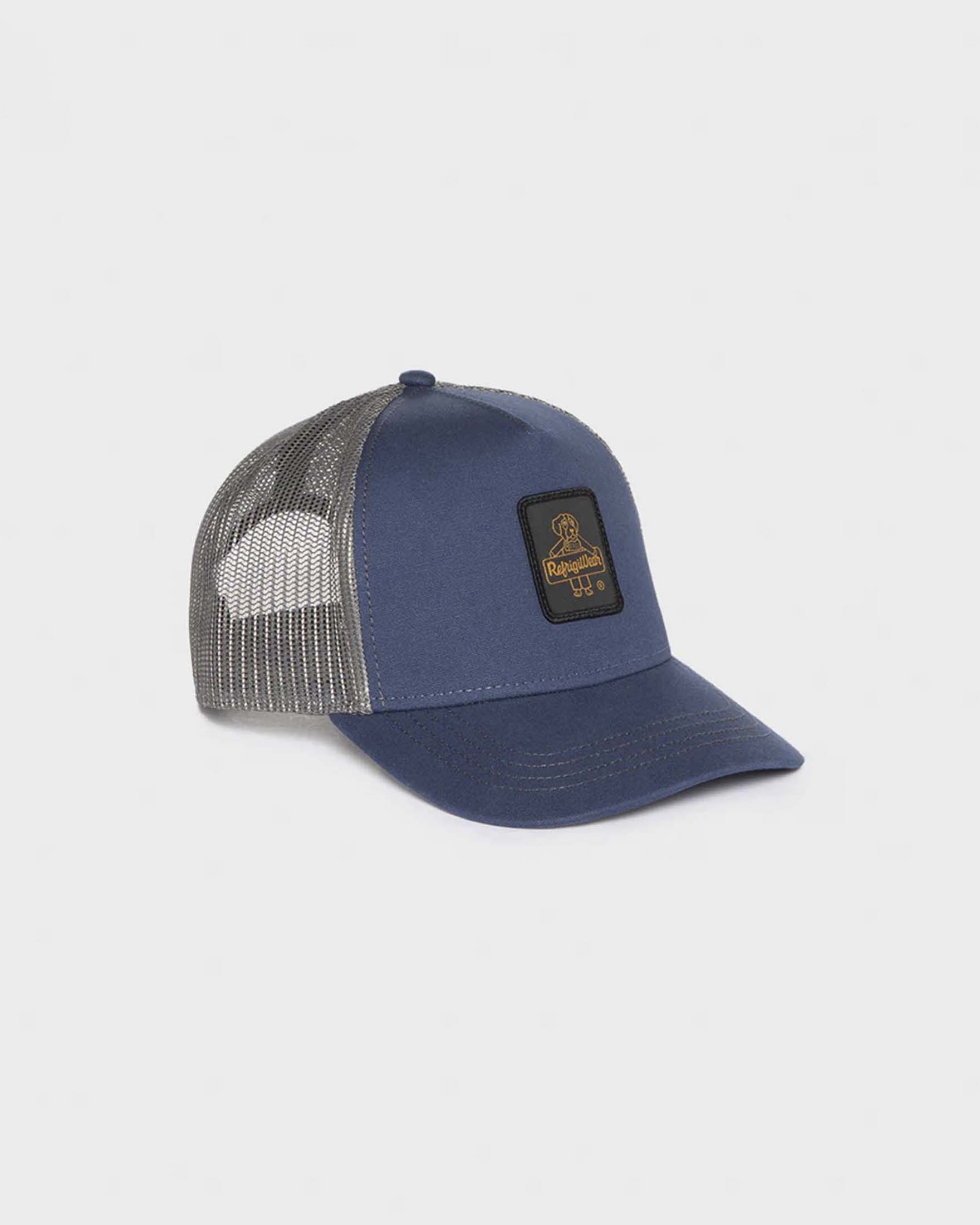 Berretto trucker blu con patch logo ricamata