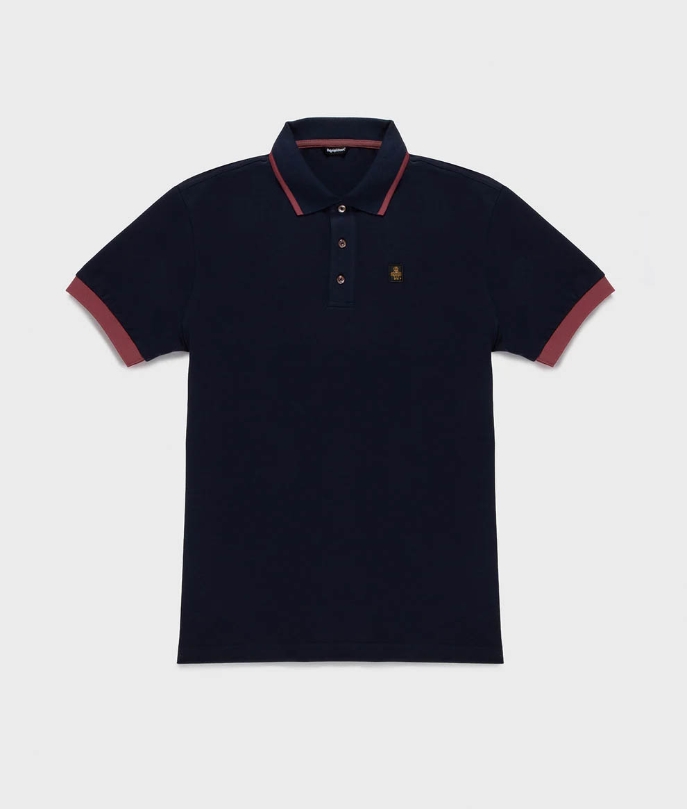 Polo Refrigiwear blu in cotone stretch con logo ricamato e bordini a contrasto