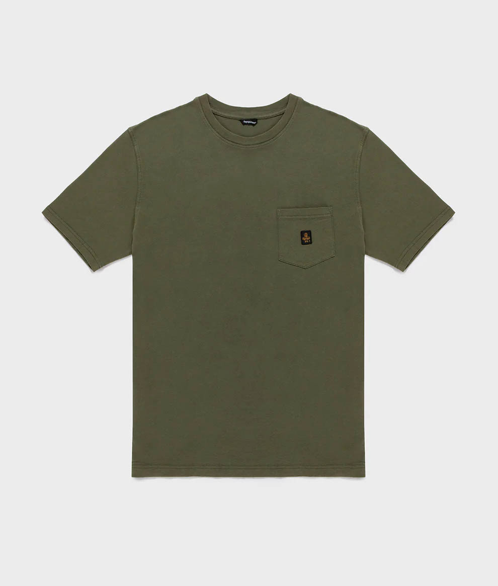 T-shirt verde militare in cotone con taschino e patch logo