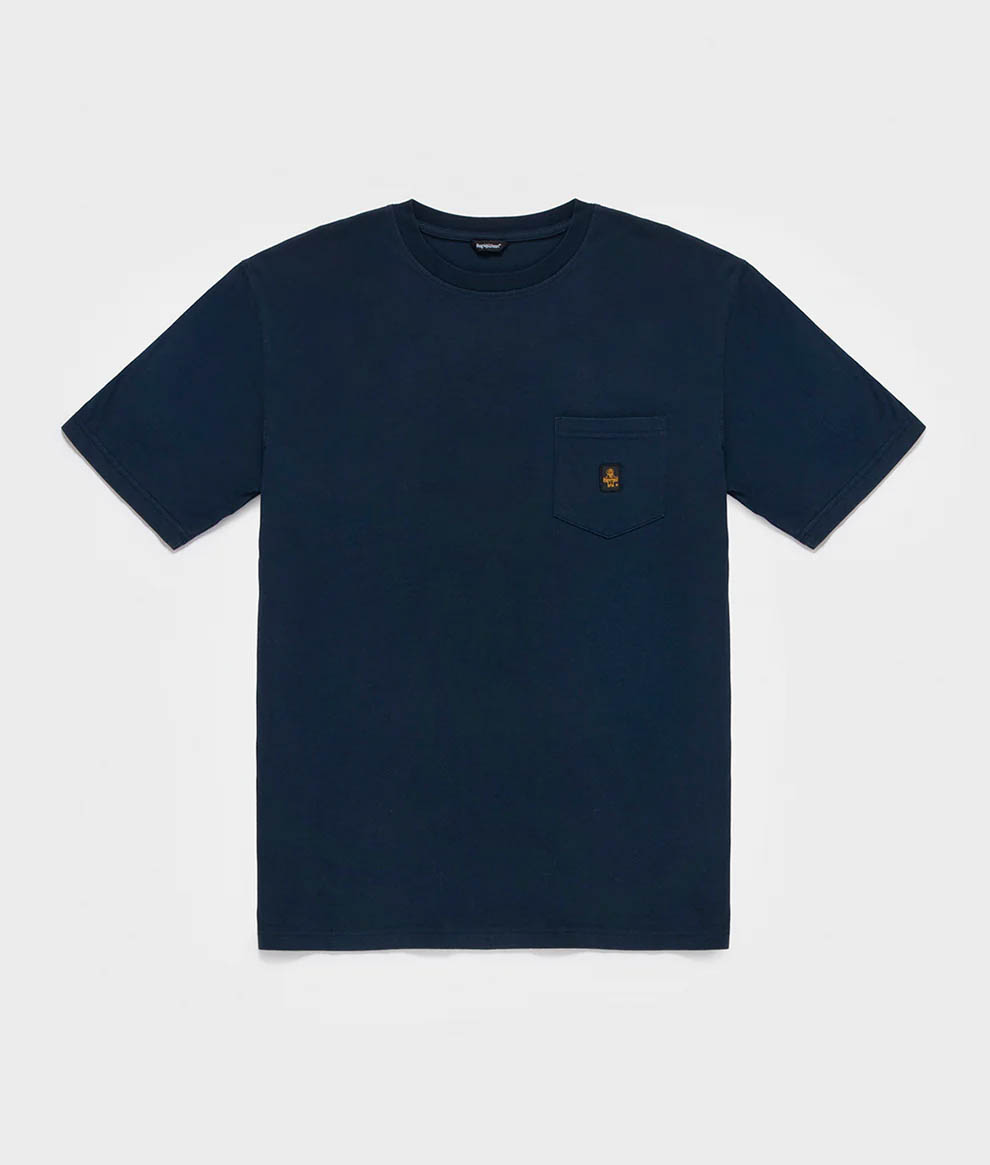 T-shirt mezza manica blu in cotone con taschino e patch logo