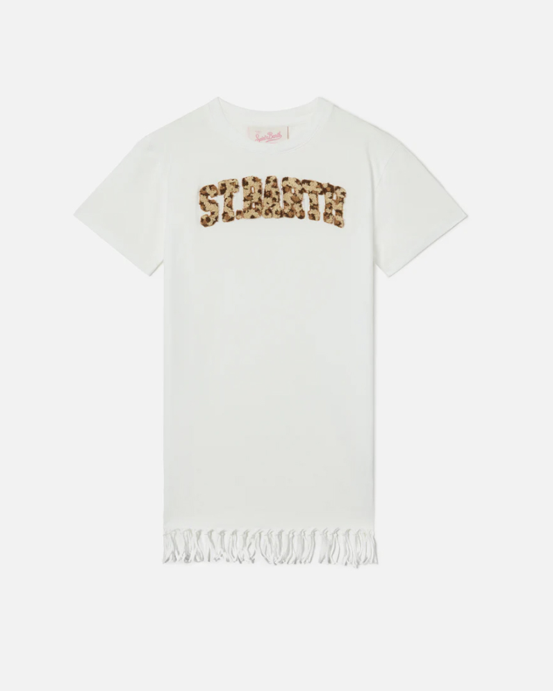 Abito bianco con logo leopardato in spugna e frange