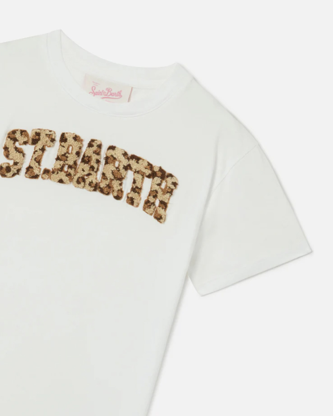 Abito bianco MC2 Saint Barth con logo leopardato in spugna e frange image