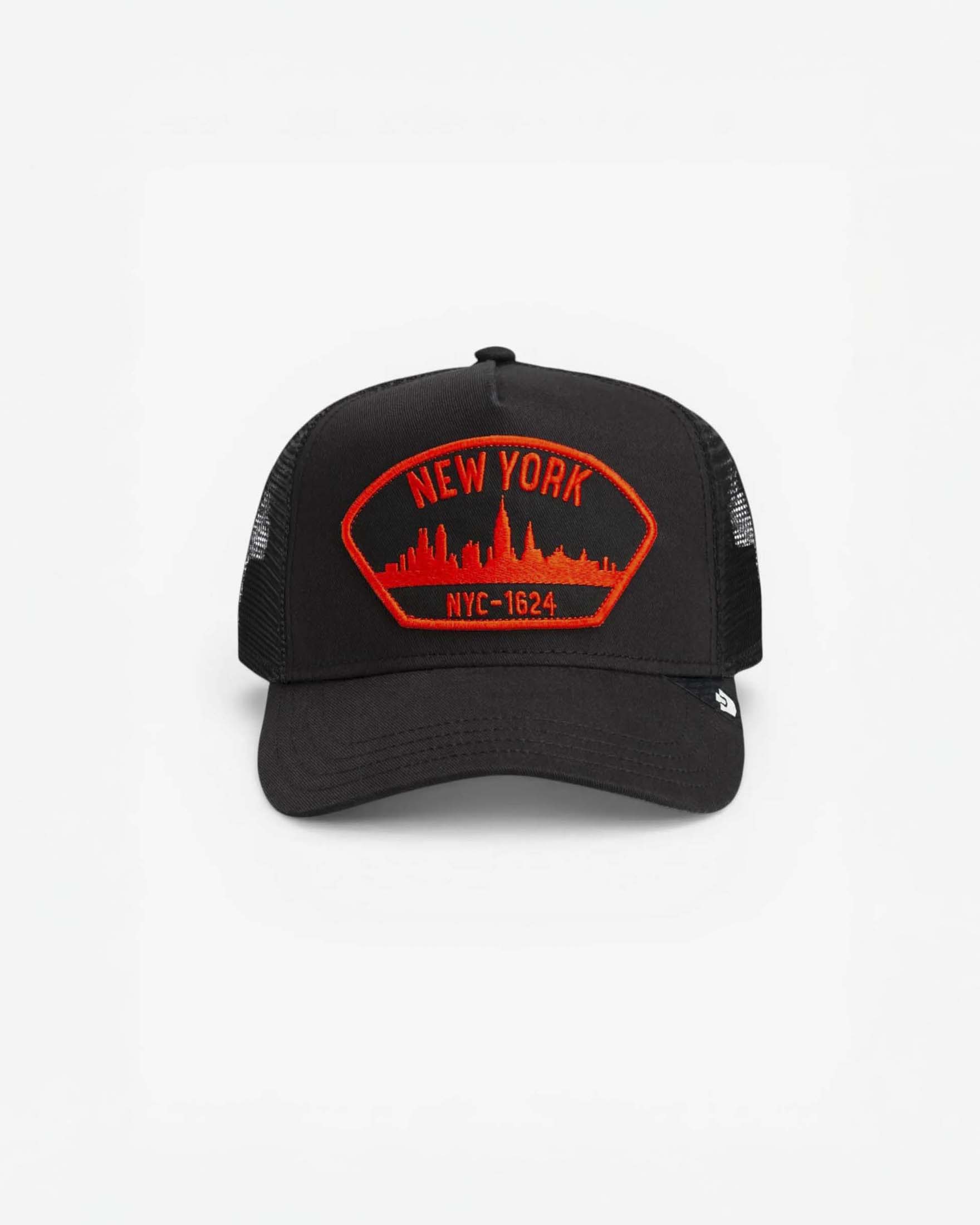Berretto trucker nero con ricamo New York