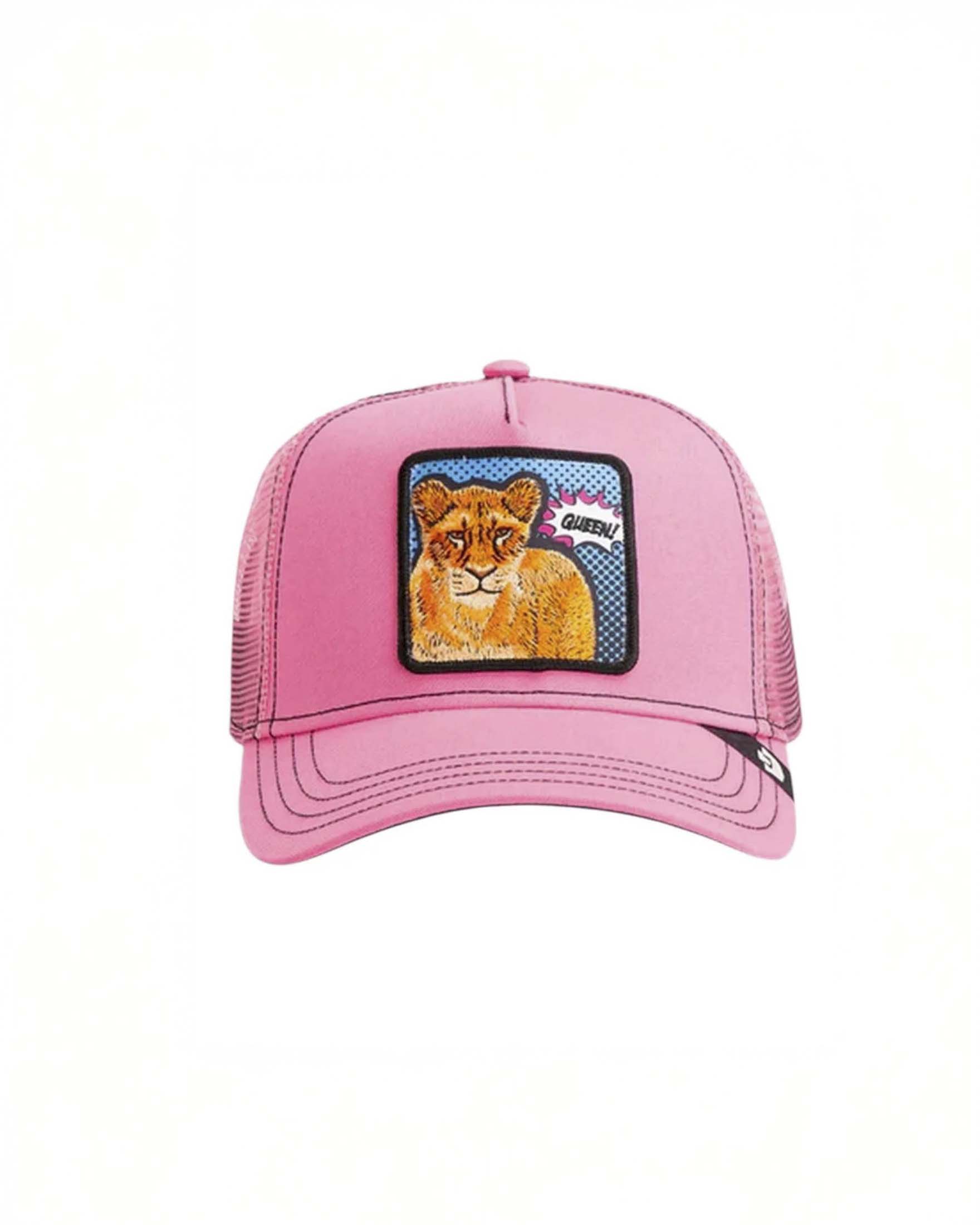 Berretto trucker rosa con patch popart queen lion