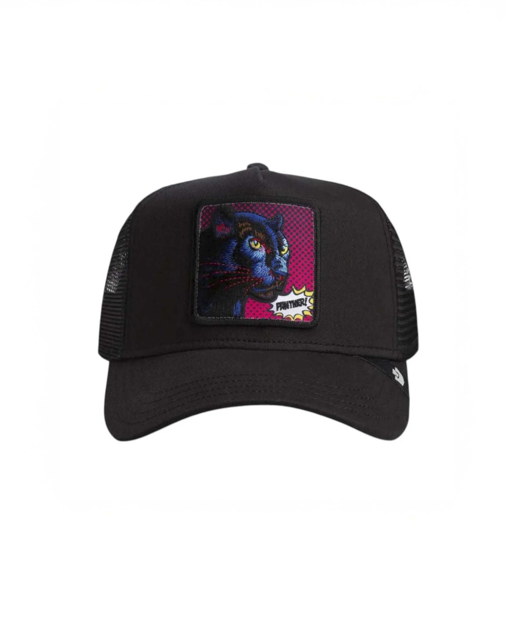 Berretto trucker nero con patch popart pantera