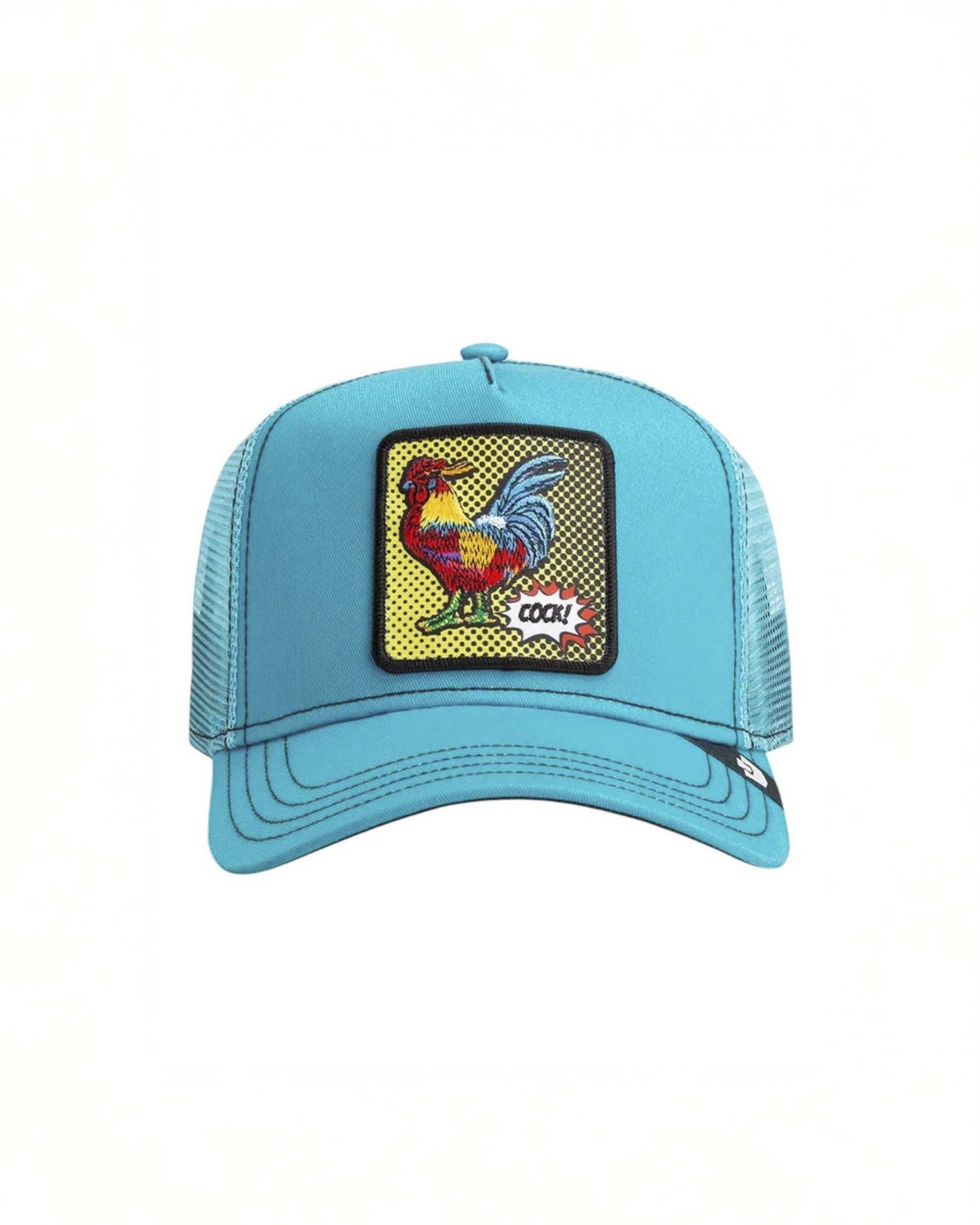 Berretto trucker Goorin Bros azzurro con patch popart gallo